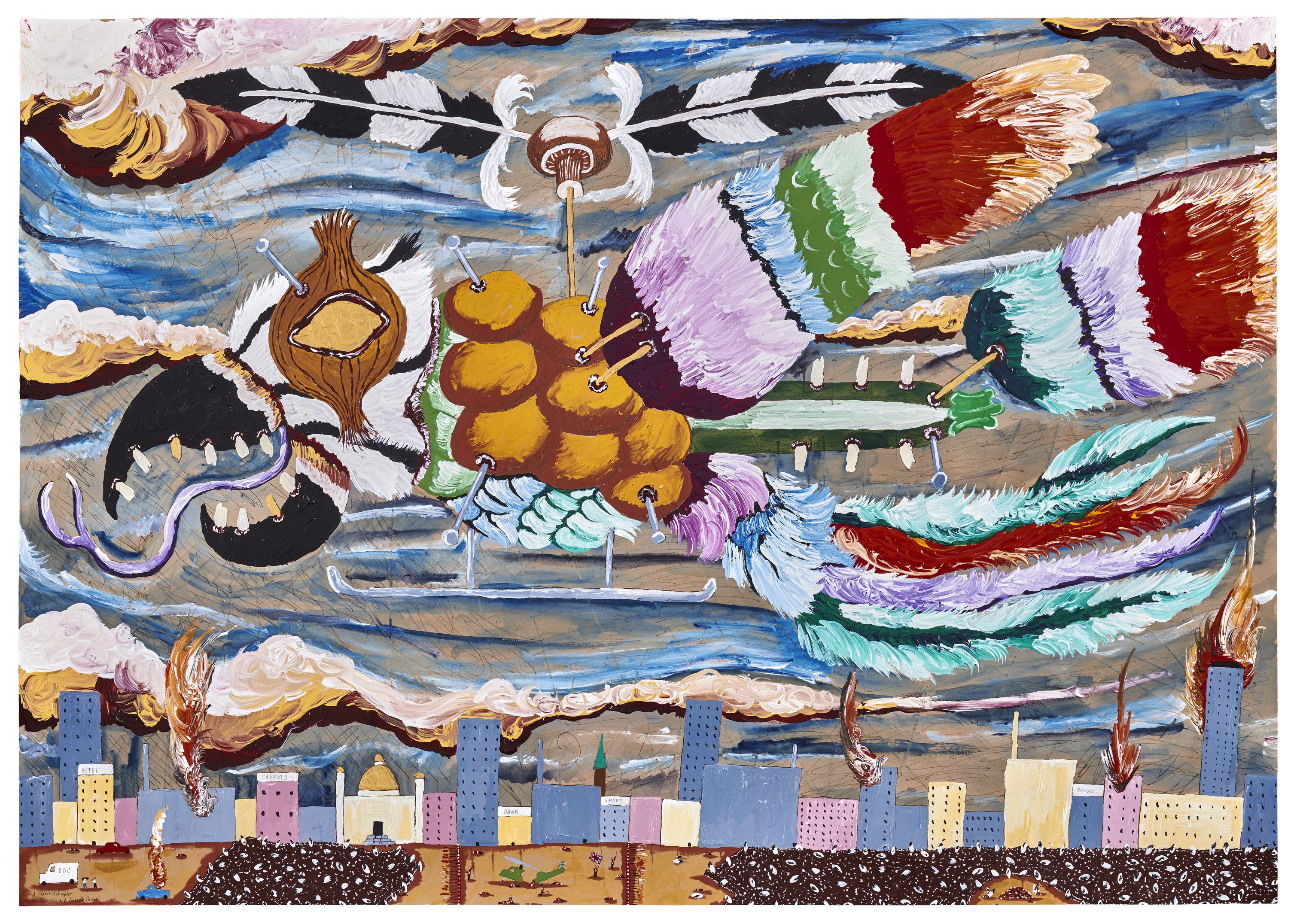 Andrew Gilbert, Sacred Parrot Helicopter Invades, Occupies and destroys Britain, 2022, acrylic, fineliner and watercolor on paper, 70 Ă 100 cm