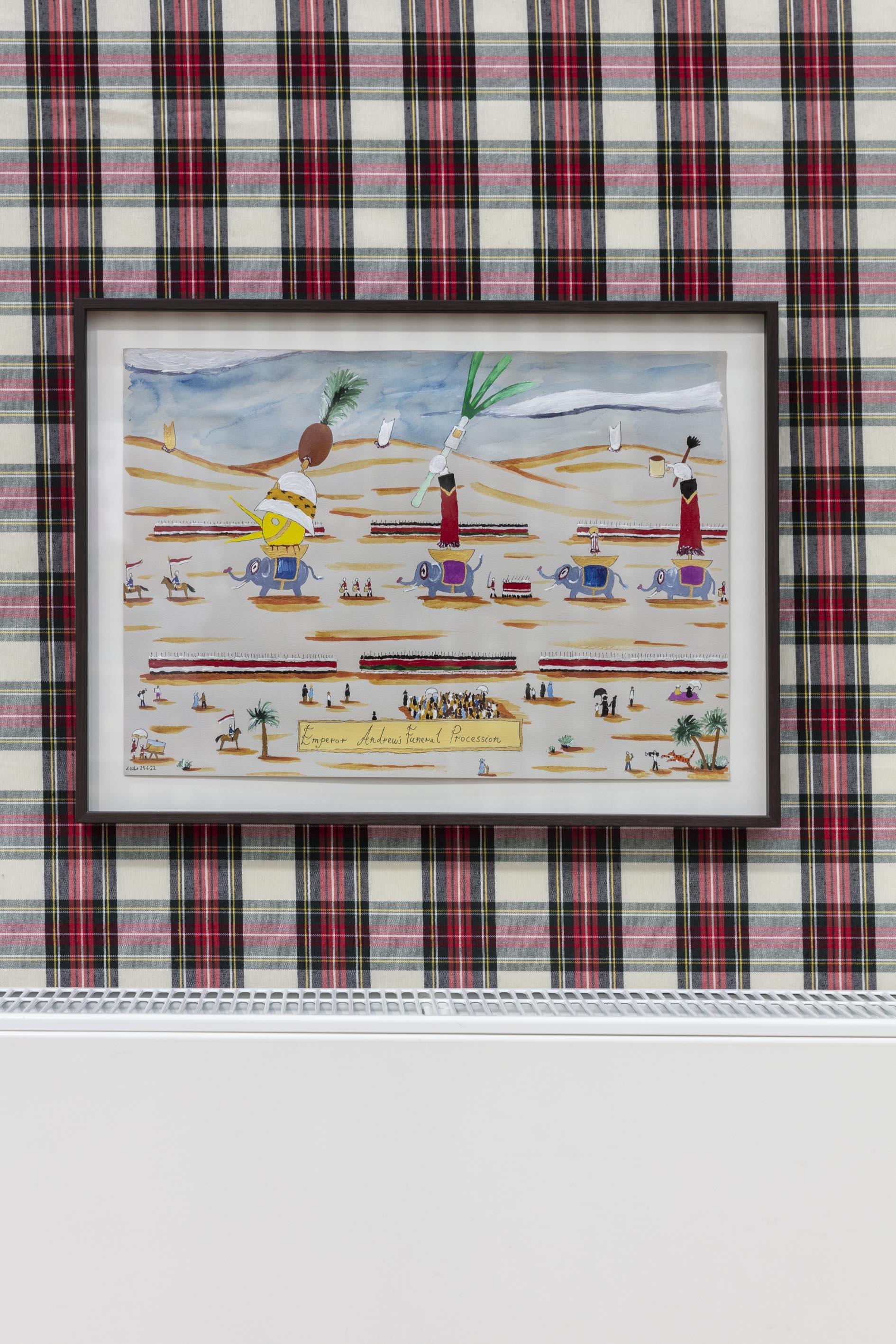 Andrew Gilbert, Emperor Andrew's Funeral Procession, 2022, acrylic, fineliner and watercolor on paper, 30 Ă 40 cm