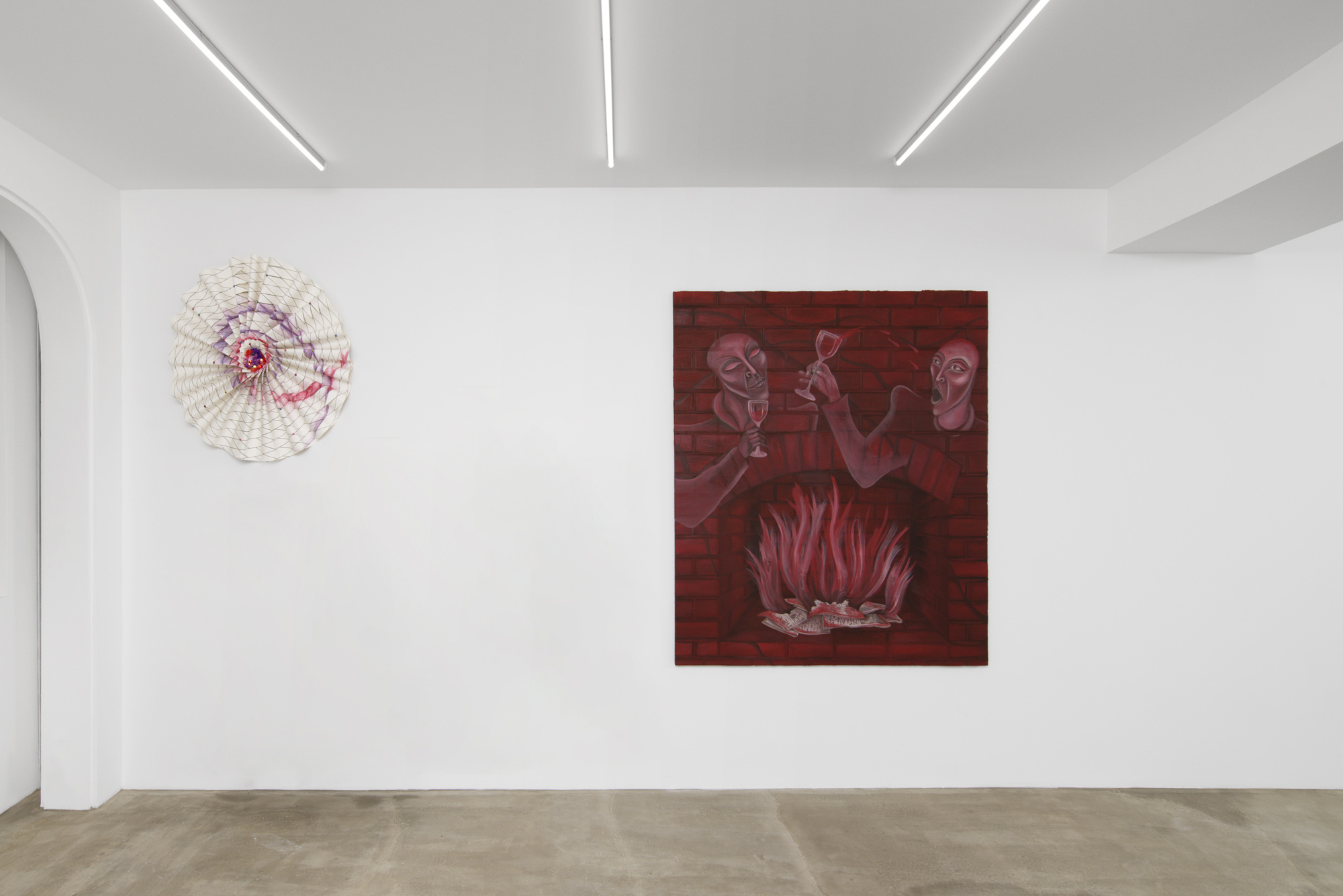 Johanna Odersky, Series of "Ors", 2019, screenprint and watercolor on paper, lightbulbs, wiggly eyes, unique & Tanja Nis-Hansen, A twist in my sobriety, 2018, oil and graphite on canvas, 160 x 140 cm, unique