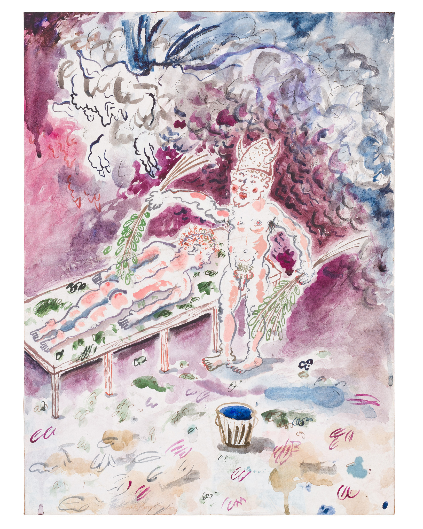 William Ludwig Lutgens Spanked With A Belt On One Feet Tall , 2022 Aquarelle and rice paper mounted on stained wood 40 x 30 cm