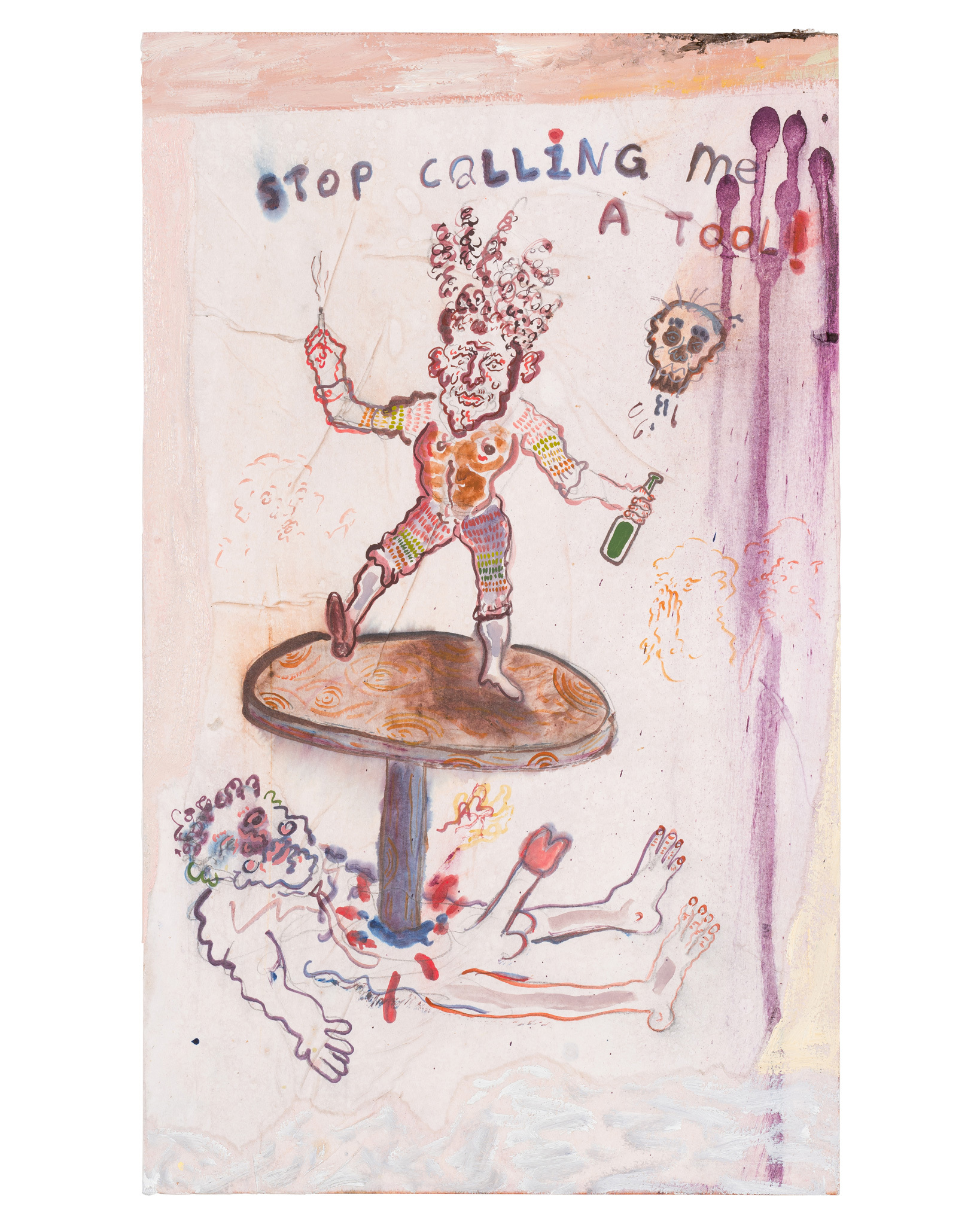 William Ludwig Lutgens Stop Calling Me A Tool! , 2022 Aquarelle, oil paint, and rice paper mounted on stained wood 50 x 30 cm