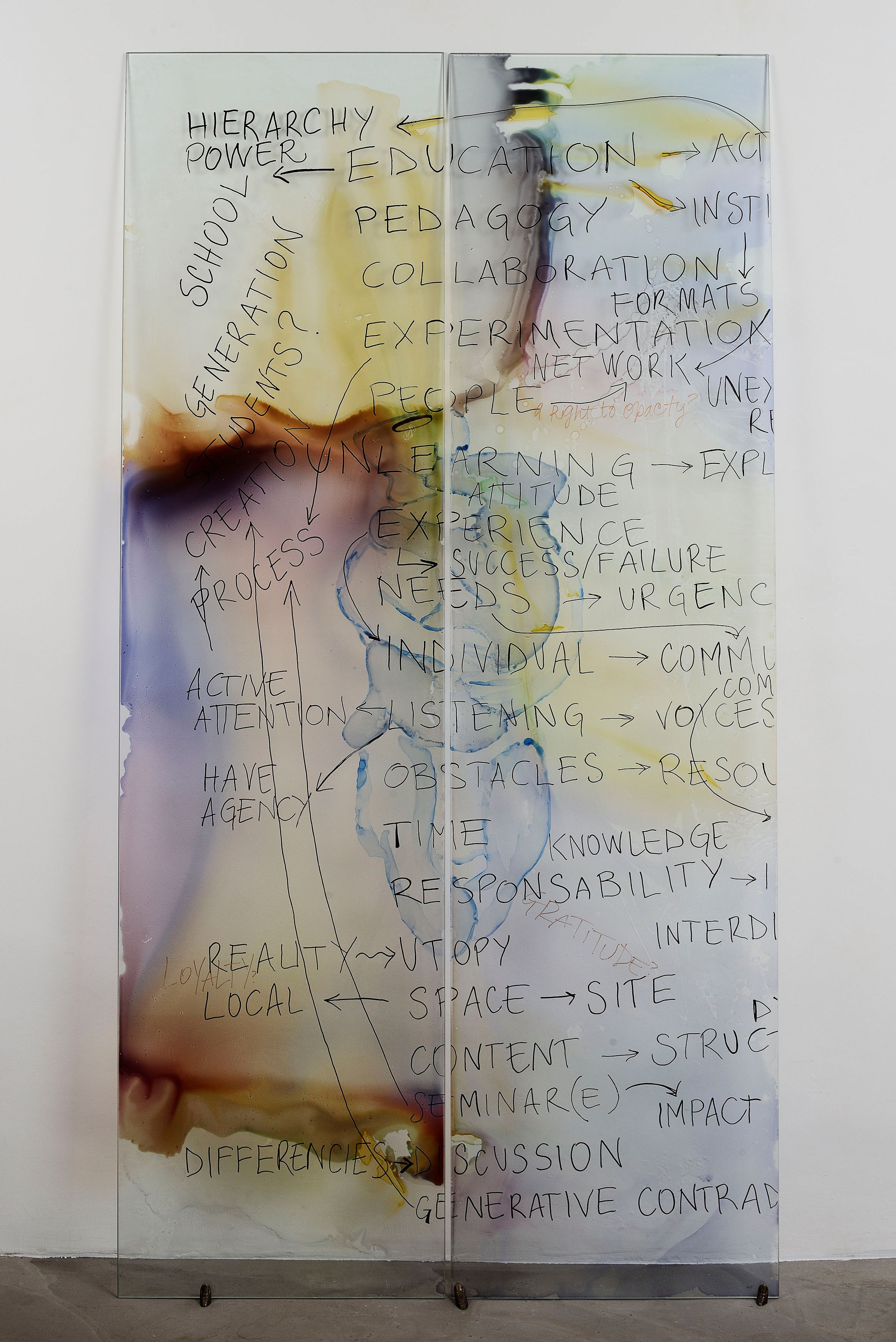 Gaia Di Lorenzo A School To Be Done, 2022Â Permanent marker and painting on glass, bronze 100 x 184 x 15,6 cm Unique