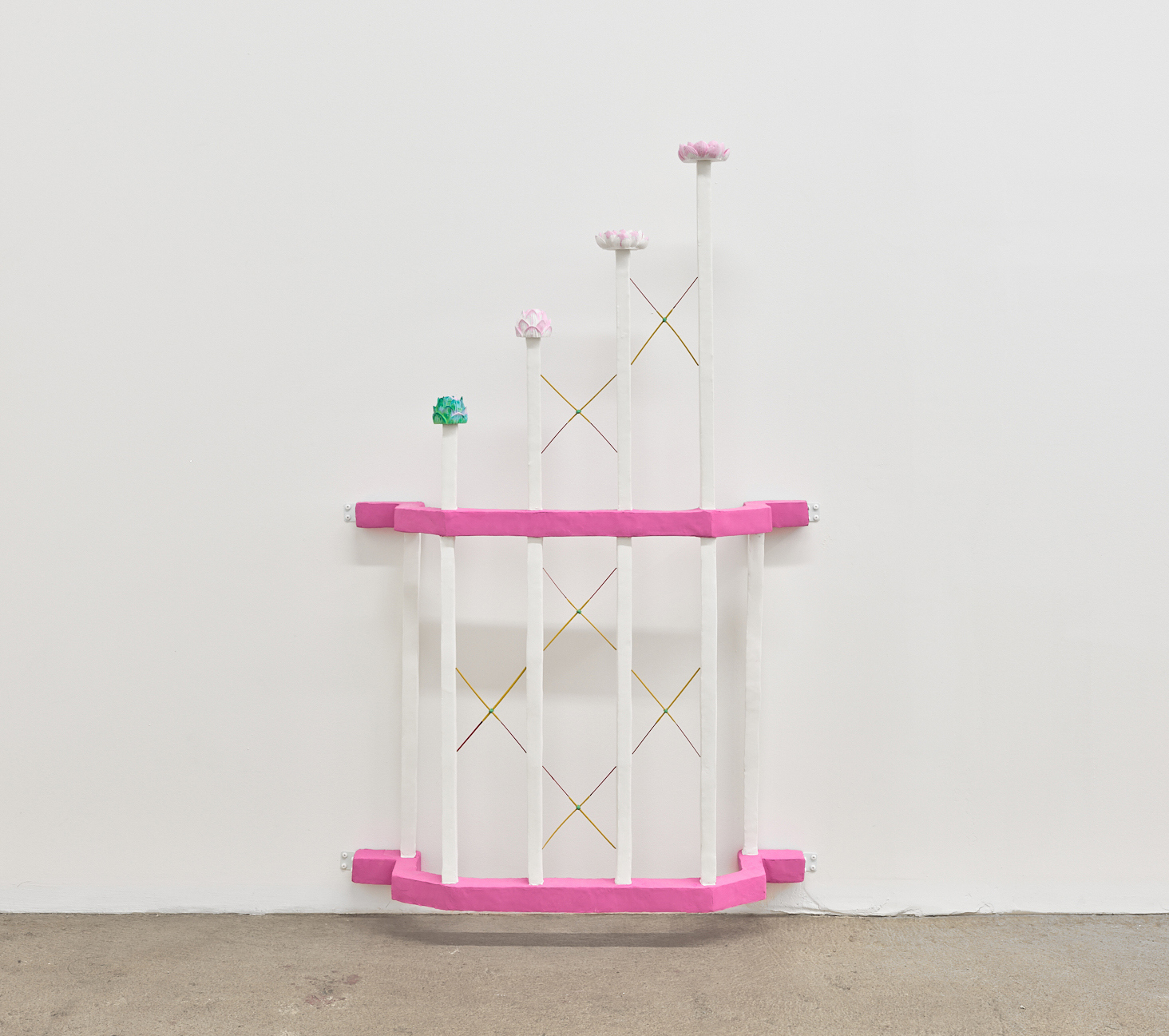 Anne Wu "Echo", 2021 pigmented joint compound, epoxy putty, rigid foam, incense sticks, garden wire, plaster casts, brackets 50 x 33 x 6 inches (127 x 84 x 15 cm)