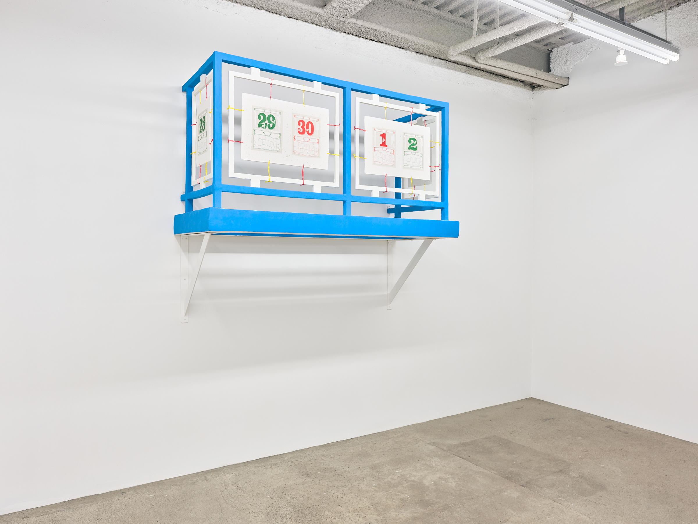 Anne Wu "While Away", 2021 pigmented joint compound, epoxy putty, rigid foam, hand-cut lunar year calendar pages, paper pulp, plastic packing rope, brackets 64 x 76 x 30 inches (163 x 193 x 76 cm)