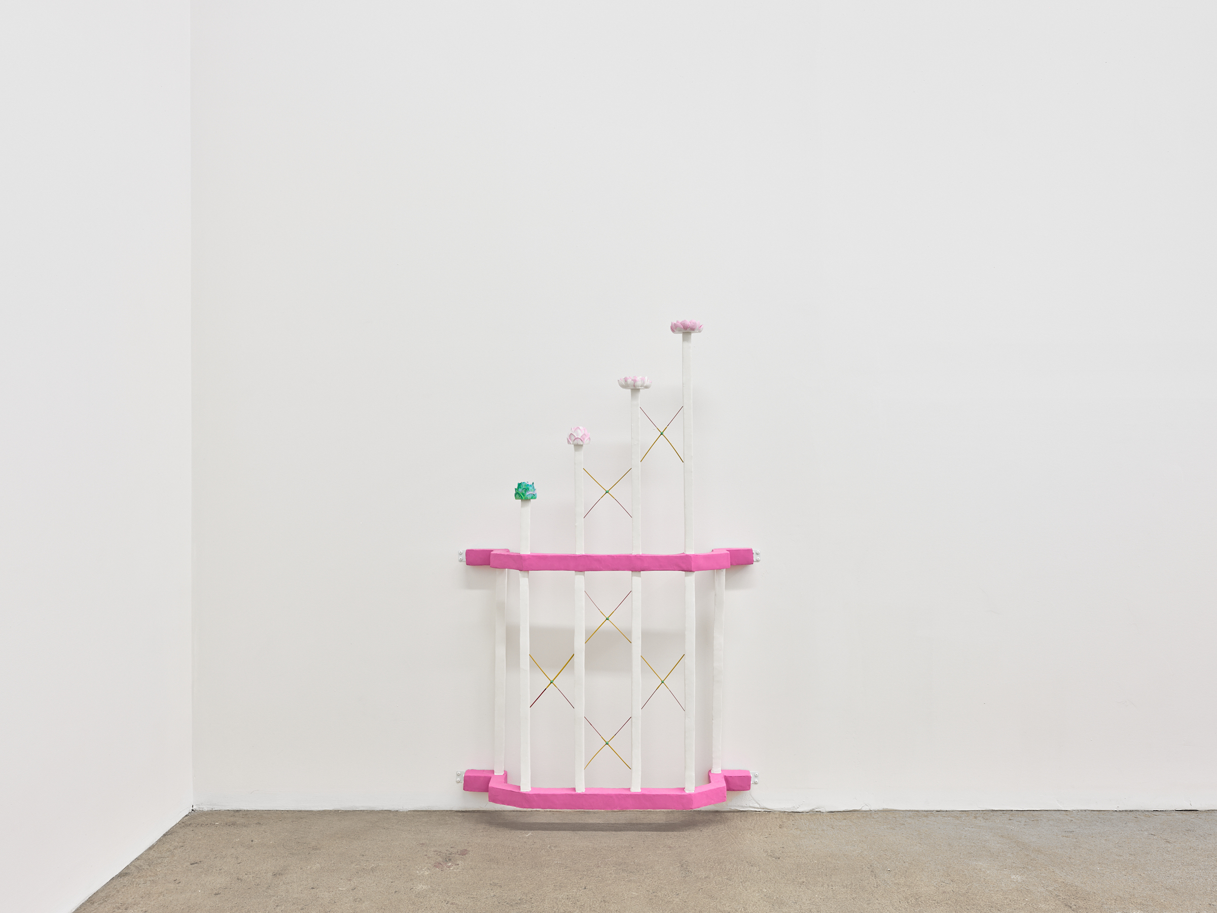 Anne Wu "Echo", 2021 pigmented joint compound, epoxy putty, rigid foam, incense sticks, garden wire, plaster casts, brackets 50 x 33 x 6 inches (127 x 84 x 15 cm)