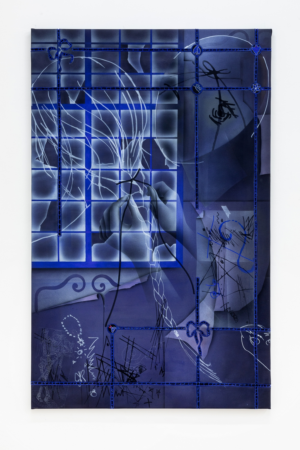 Viola Leddi, Secrets, 2022, Acrylic and  embroidery on  canvas,  84 x 133 cm