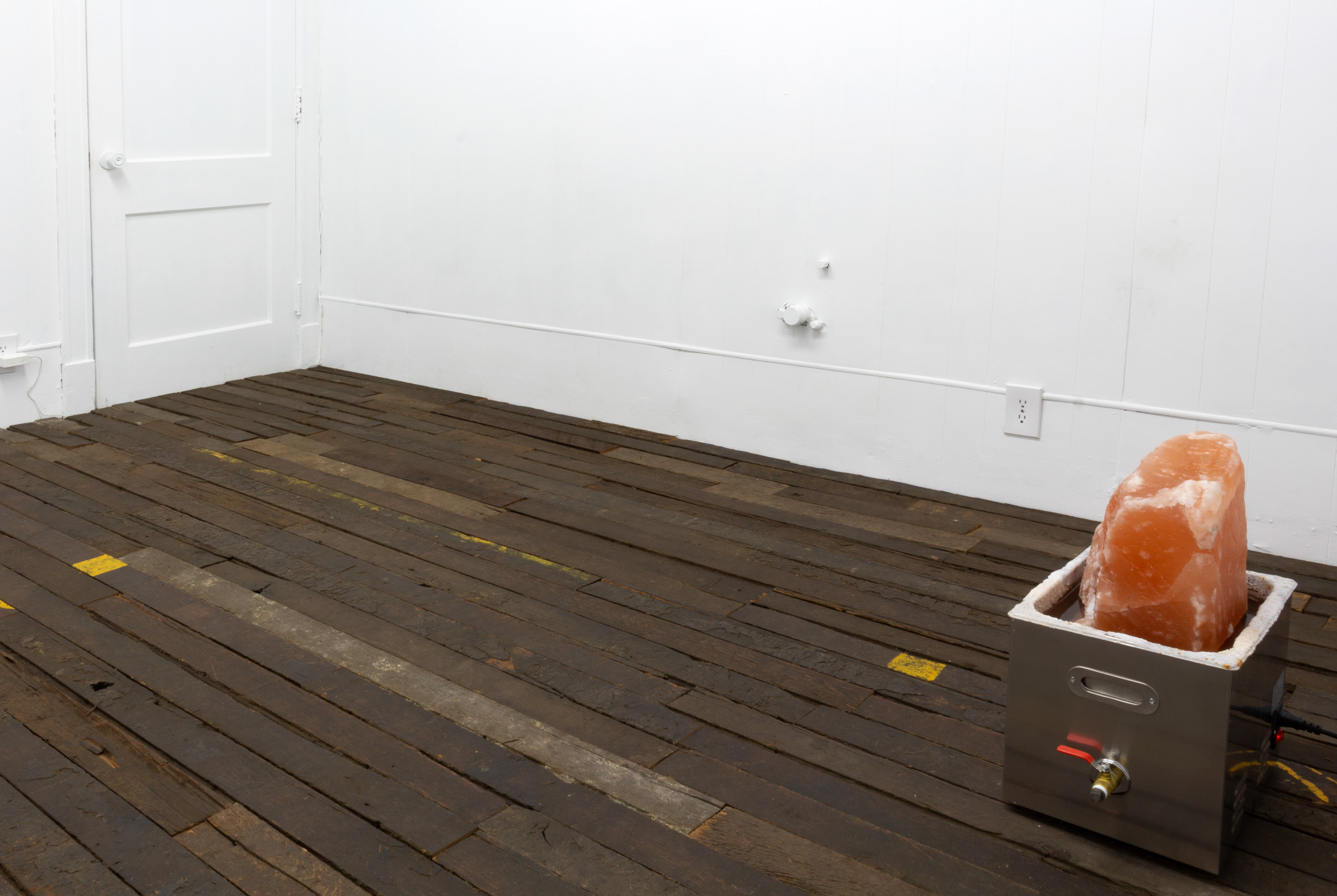Installation view / Graham Wiebe, Cosplay, 2022, Salvaged coffin factory flooring, Dimensions variable