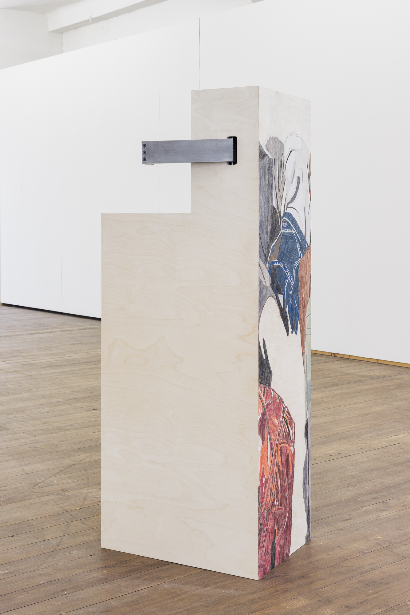 Bartholomaeus Wächter  Anytime, Anywhere, Instantly (Two Chairs), 2022 Steel, Birch Plywood, Color pencil and pencil on wood, 170 x 66 x 48 cm