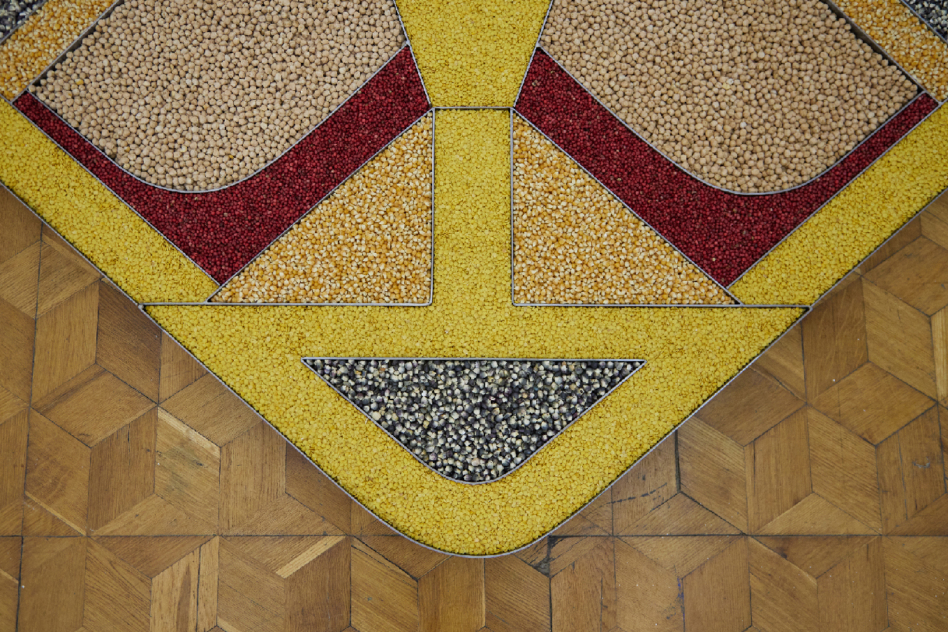 Anna K.E., Detail from Mandala Tranquil Gaze, 2022, Metal, Wood, Plastic, Grains, 181x410 cm