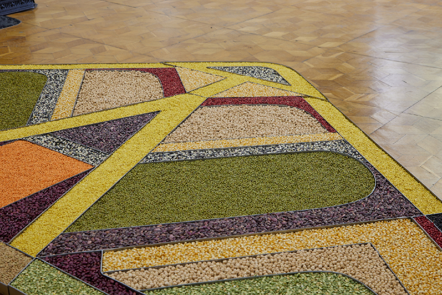 Anna K.E., Detail from Mandala Tranquil Gaze, 2022, Metal, Wood, Plastic, Grains, 181x410 cm