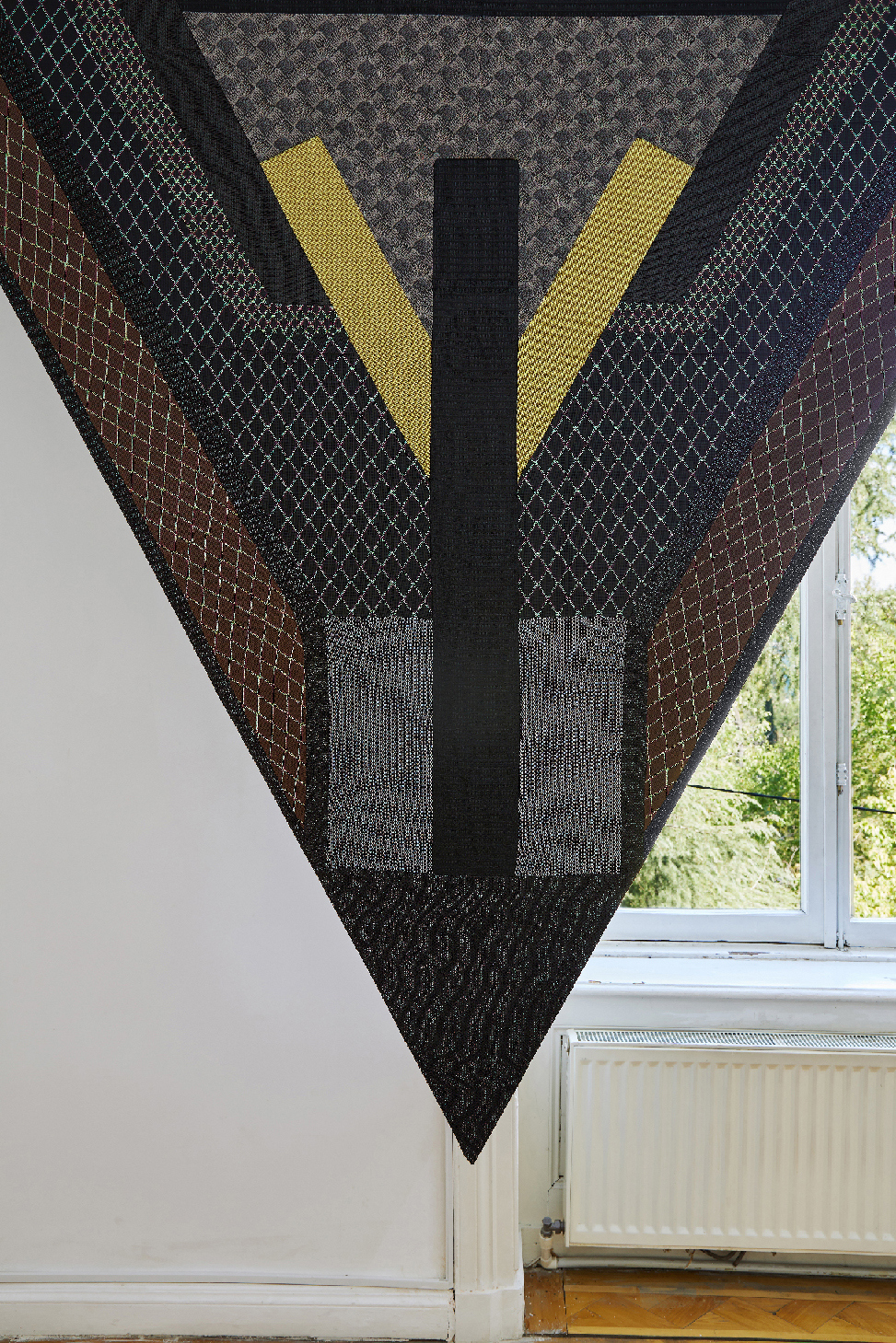 Anna K.E., Detail from Multipath (the rain has stopped) 2022, Wood, Metal, Lacker, Speaker Fabric, Speakers, 251x251 cm