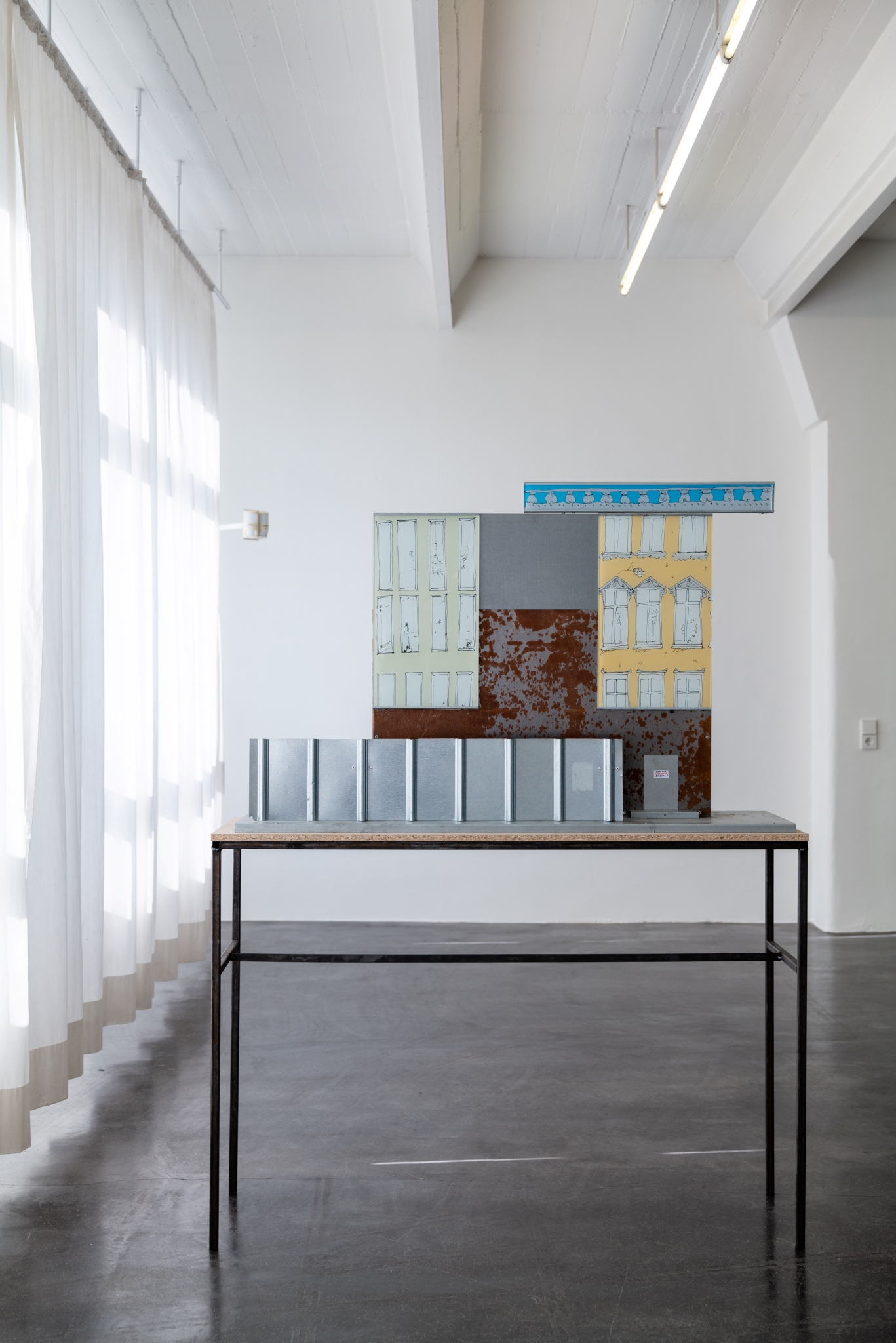 Wilhelm Klotzek, Humboldt Forum Mitarbeitereingang, 2020, partly zinc-coated steel sheet, screen print, glass, paper, 142 x 41,5 x 175,5 cm, Courtesy Wilhelm Klotzek and Klosterfelde Edition, © the artist.