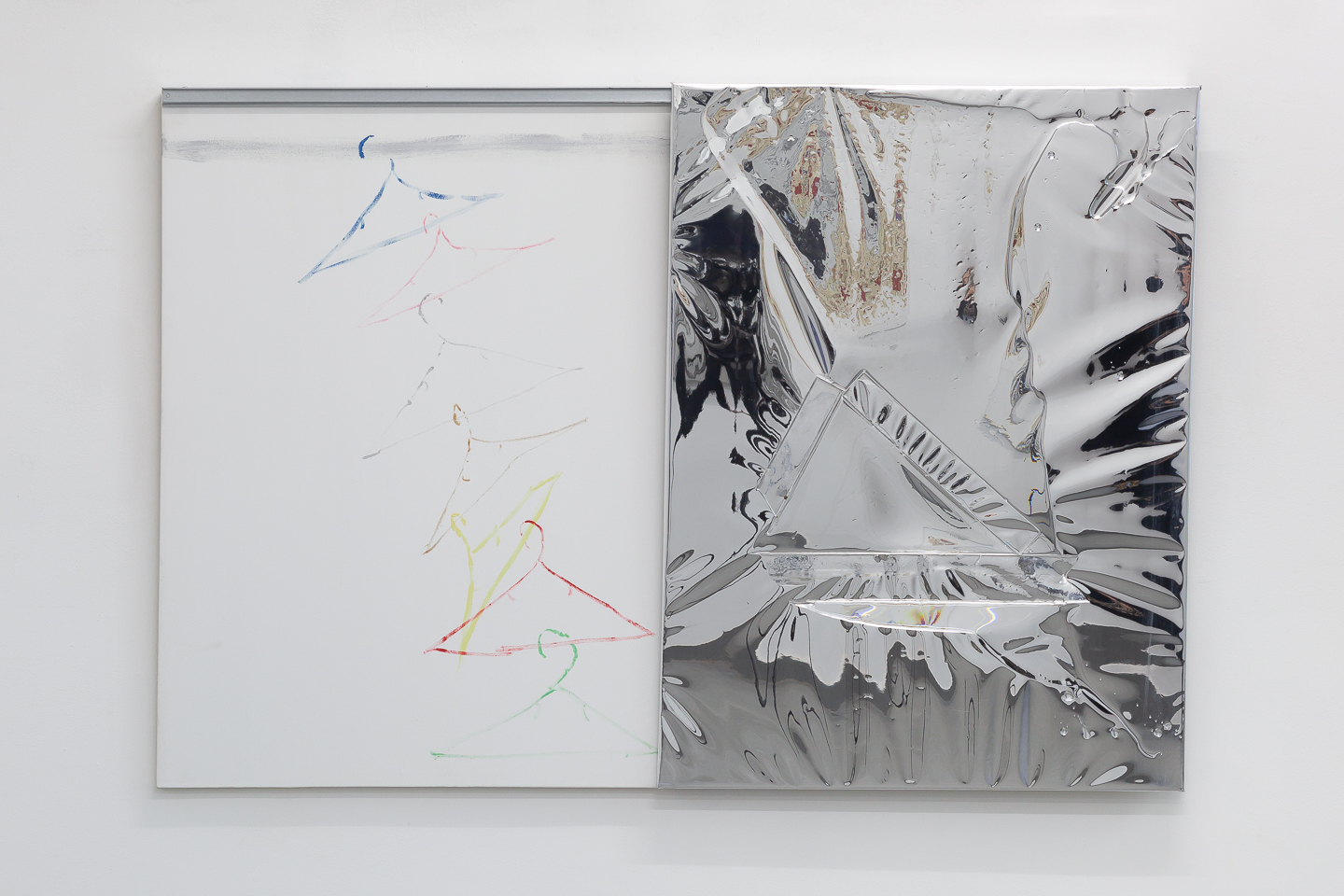 Myles Starr, The Longest Day, 2022, Oil on canvas, mylar, resin, steel track and hardware, 101.6 x 152.4 cm