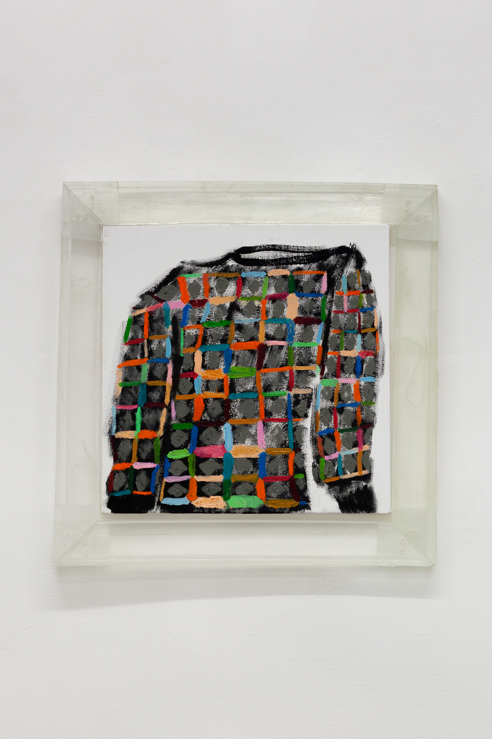 Myles Starr, A Single Man, 2022, Oil on canvas, cast resin, hardware, 51 x 51 cm