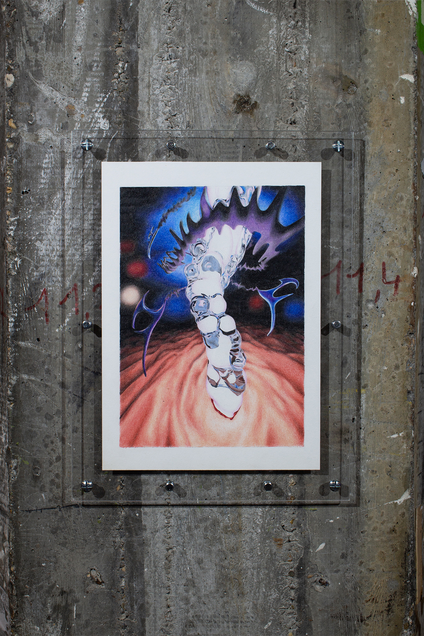 Tristan Gac, a teenager (Dorothy), kidnapped by aliens, gets a transmitter implanted in his neck (2021), coloured pencil on paper, plexiglas frame, 36x27cm