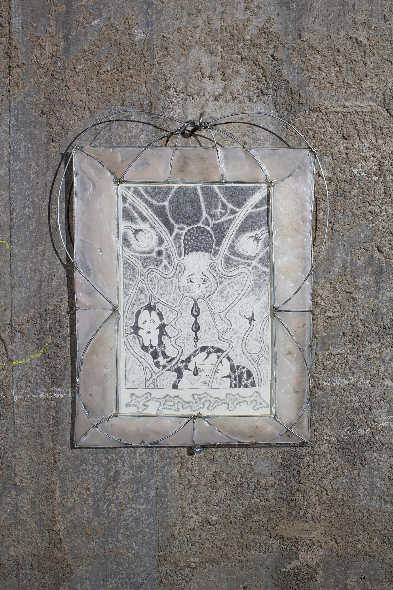Gaspard Hers, Untitled (2022), pencil on paper, glass, wax, wire, 28x23cm