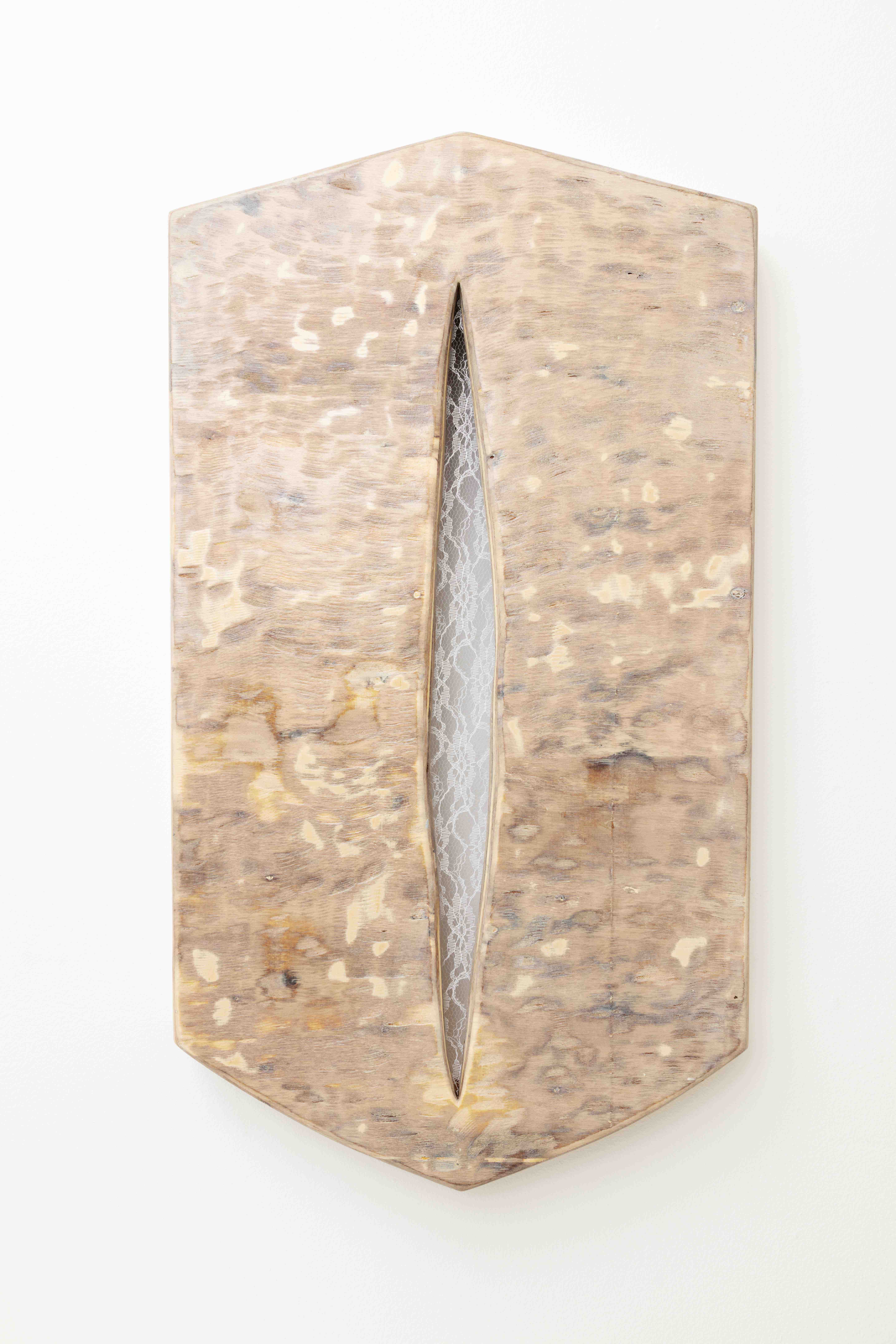 CLOSED YOKE, 2022; Plywood, lace, casting resin, damiana, hydrangea, hyssop, nettle, ashwagandha, rose bud, red clover, calendula, thyme