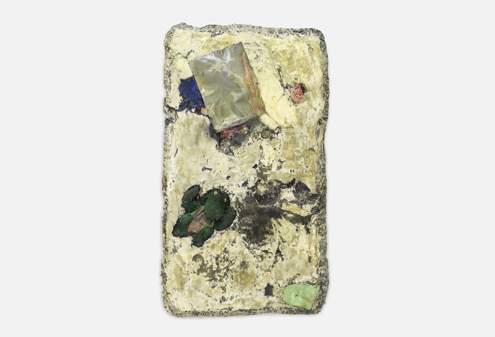 Grüner Vogelius, "Epitome (3) of Erratic Sleep", 2022, Plaster, jesmonite pigment, envelop, family photograph, melted gas station teddy bear, gifted crocodile teddy bear, blue light filter, plastic, notes, vampire reflex 84.0 x 47.0 x 3.0 cm