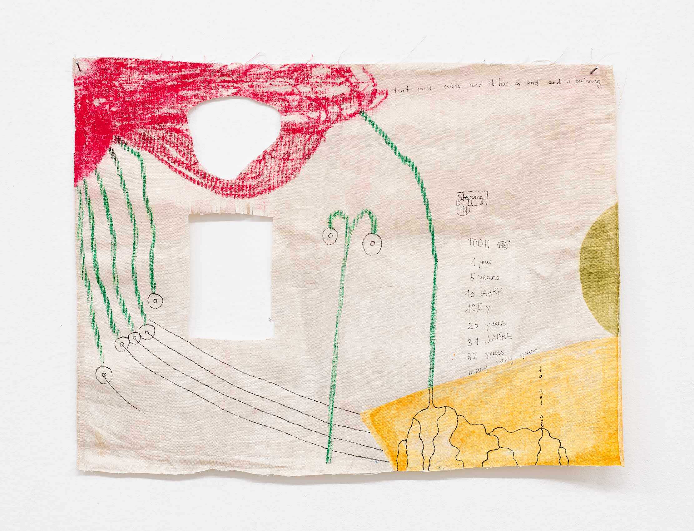 Katharina Höglinger, A piece of linen you might like better in the future, 2022, ink, oil pastels, water color, textile paint on linen, 25 × 35 cm. Courtesy of Wonnerth Dejaco and the artist. Photo: Peter Mochi