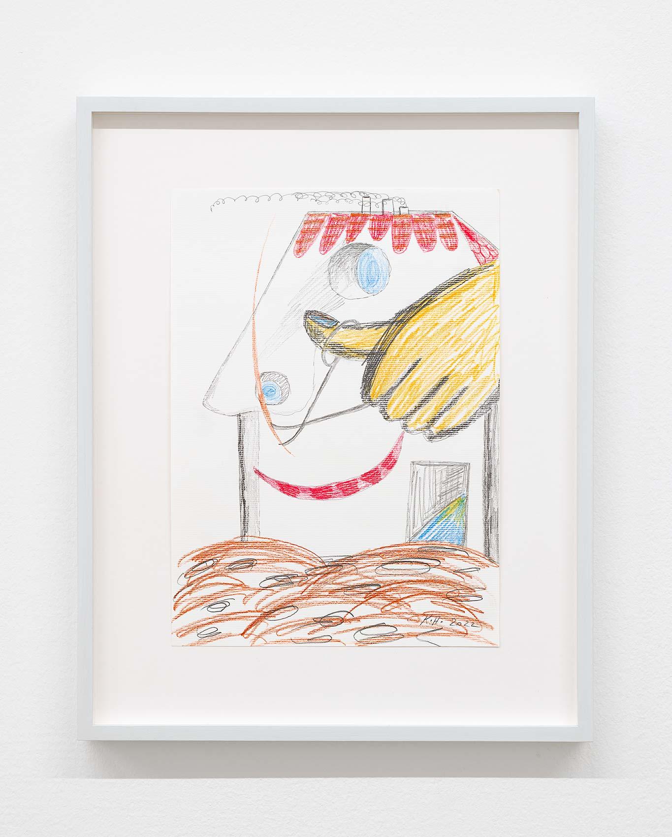 Katharina Höglinger, House made of concrete trying to grow, 2022, colored pencil and pencil on paper, 29,7 × 21 cm, framed. Courtesy of Wonnerth Dejaco and the artist. Photo: Peter Mochi