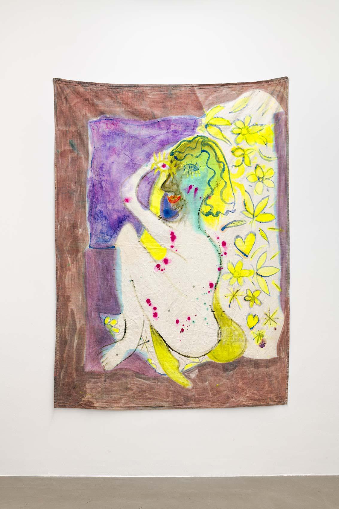 Katharina Höglinger, Late Night Thoughts, 2016, acrylic, textile paint on cotton, 200 × 140 cm. Courtesy of Wonnerth Dejaco and the artist. Photo: Peter Mochi