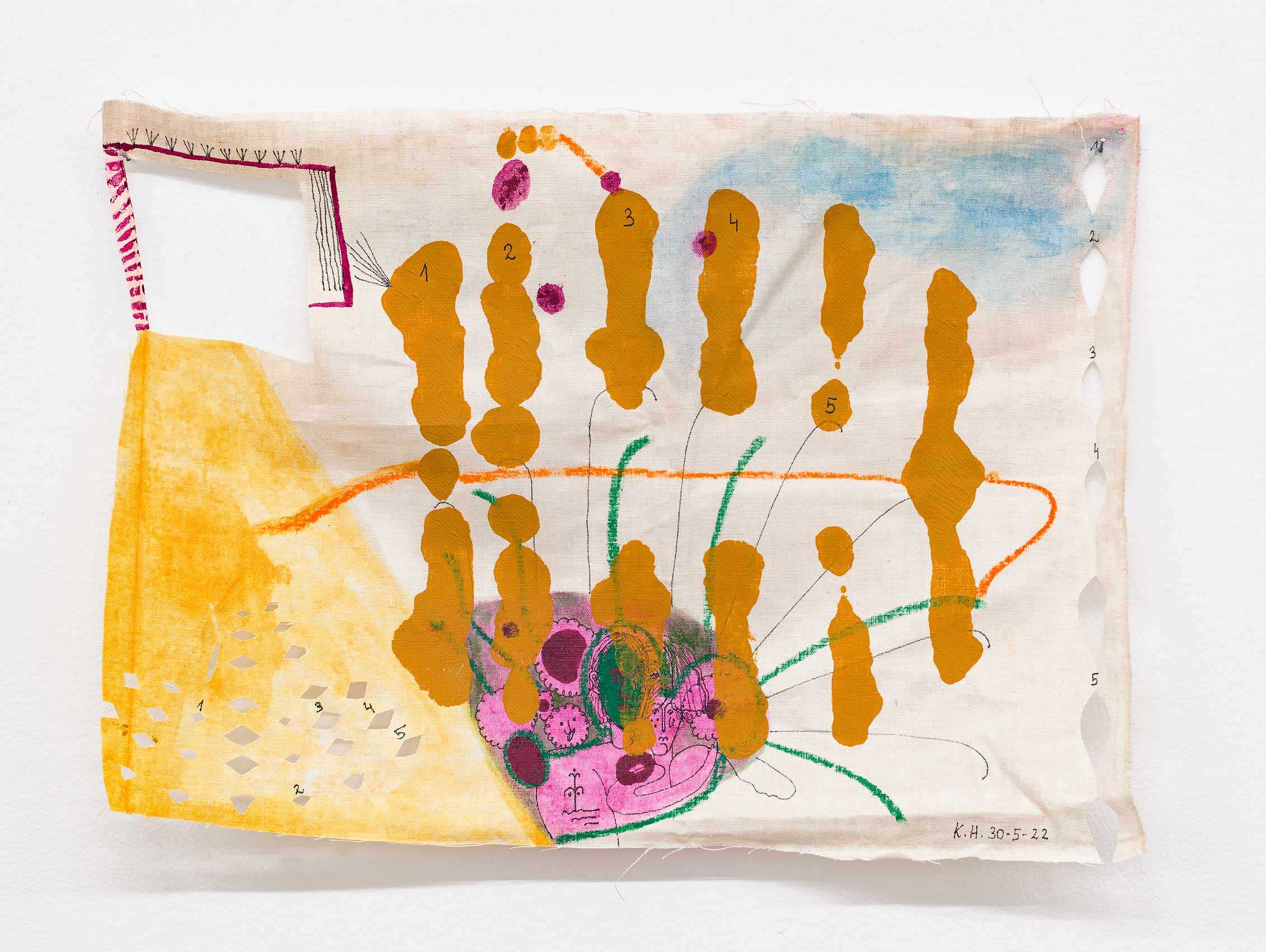 Katharina Höglinger, No Title, 2022, acrylic, lacquer, textile paint, ink, oil pastels on linen, 28 × 33 cm. Courtesy of Wonnerth Dejaco and the artist. Photo: Peter Mochi