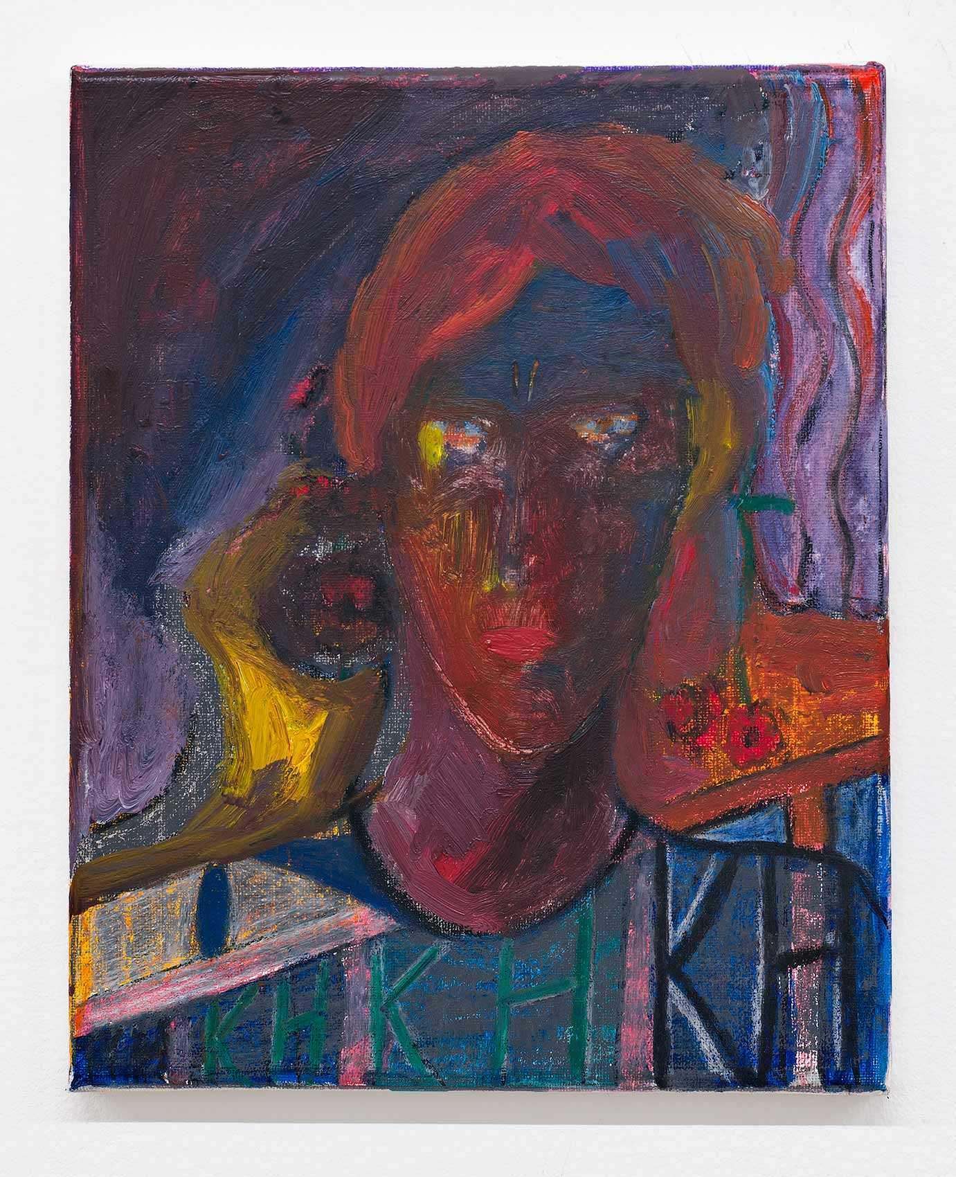 Katharina Höglinger, Self Portrait with Ear Sound, 2022, oil, acrylic and oil pastels on canvas, 24 × 18 cm. Courtesy of Wonnerth Dejaco and the artist. Photo: Peter Mochi