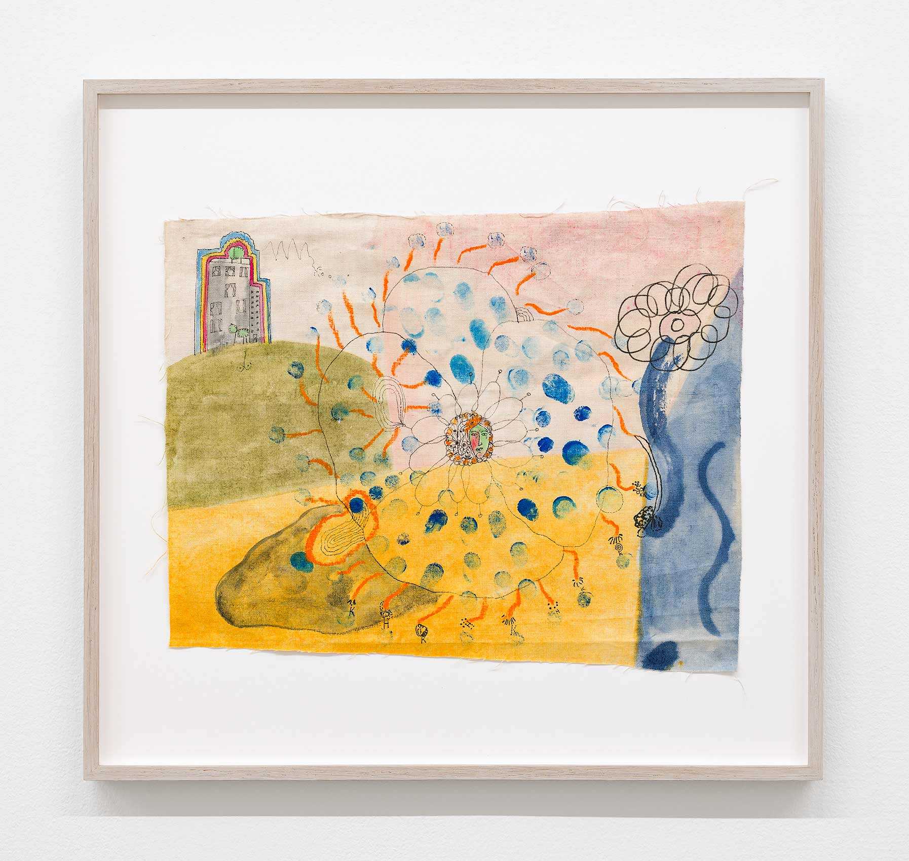 Katharina Höglinger, Silly Walk, 2022, acrylic, ink, oil pastels, textile paint on linen, 28 × 35 cm framed. Courtesy of Wonnerth Dejaco and the artist. Photo: Peter Mochi