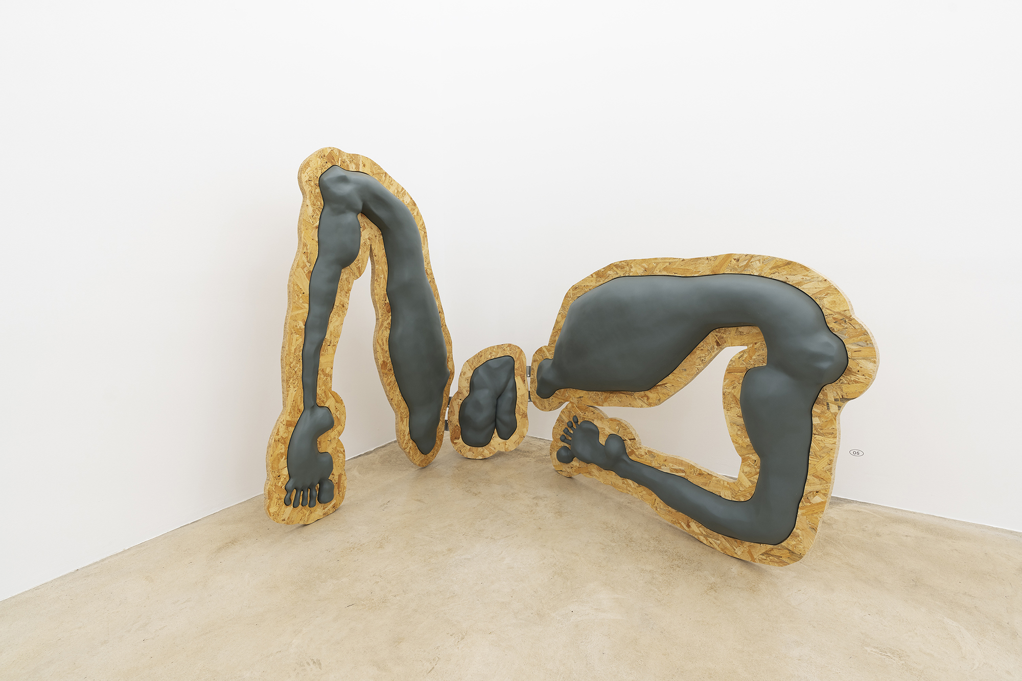 The Sound of a Falling Tree. Ally Rosenberg. "Meet Me at the Ares-end of Nowhere" 2022. OSB board, jesmonite, emulsion and steel brackets.