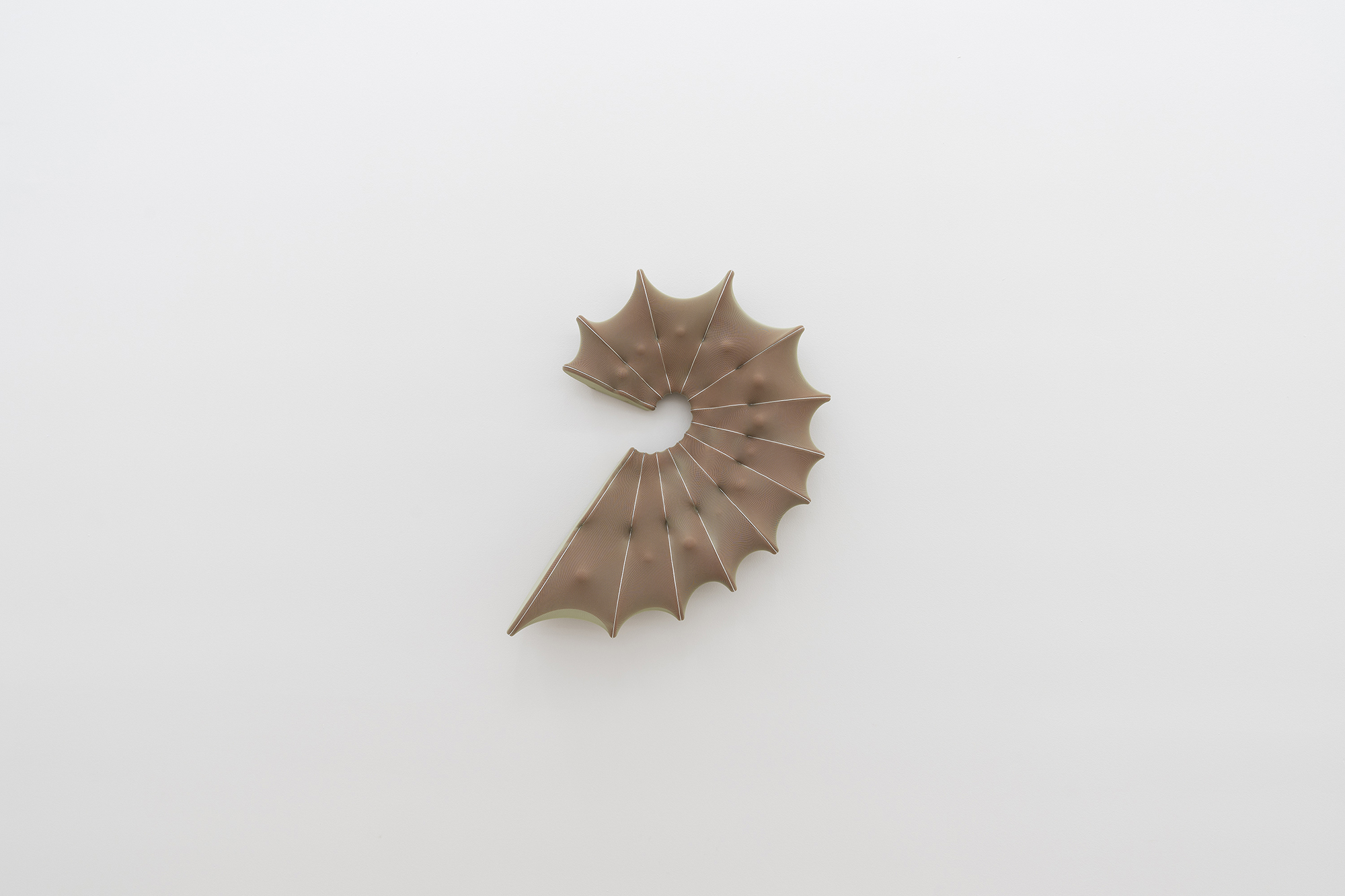 The Sound of a Falling Tree. Grace Woodcock. "Whorl" 2022. Textile, aluminium, epoxy, perspex, dowels and carved board.