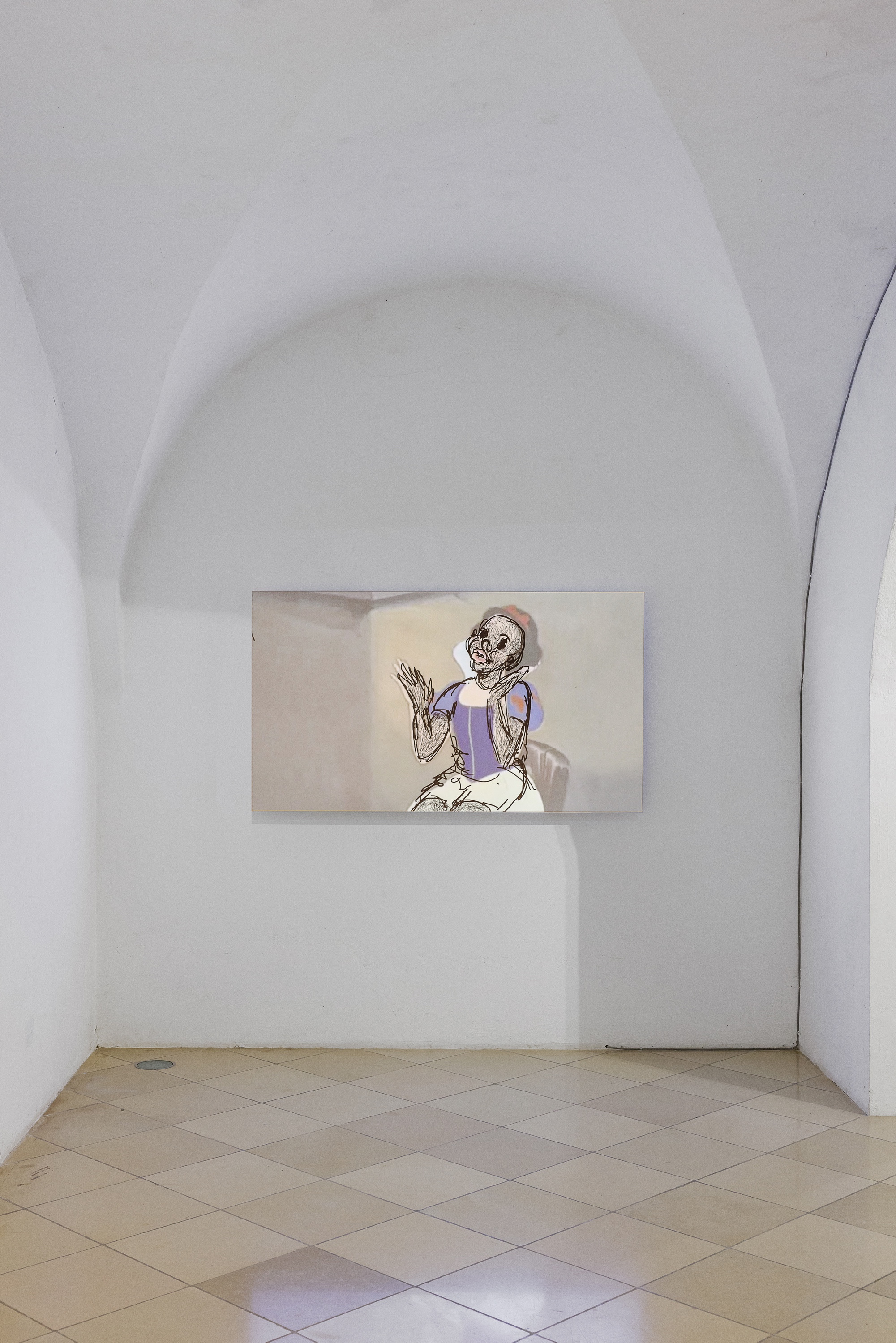 Elliott Jamal Robbins, Masterstudy: Snow White Clapping, 2017, Installation view Capture Captures, curated by Lucie Pia, Universitätsgalerie der Angewandten im Heiligenkreuzerhof, Sala Terrena, Wien, 2022