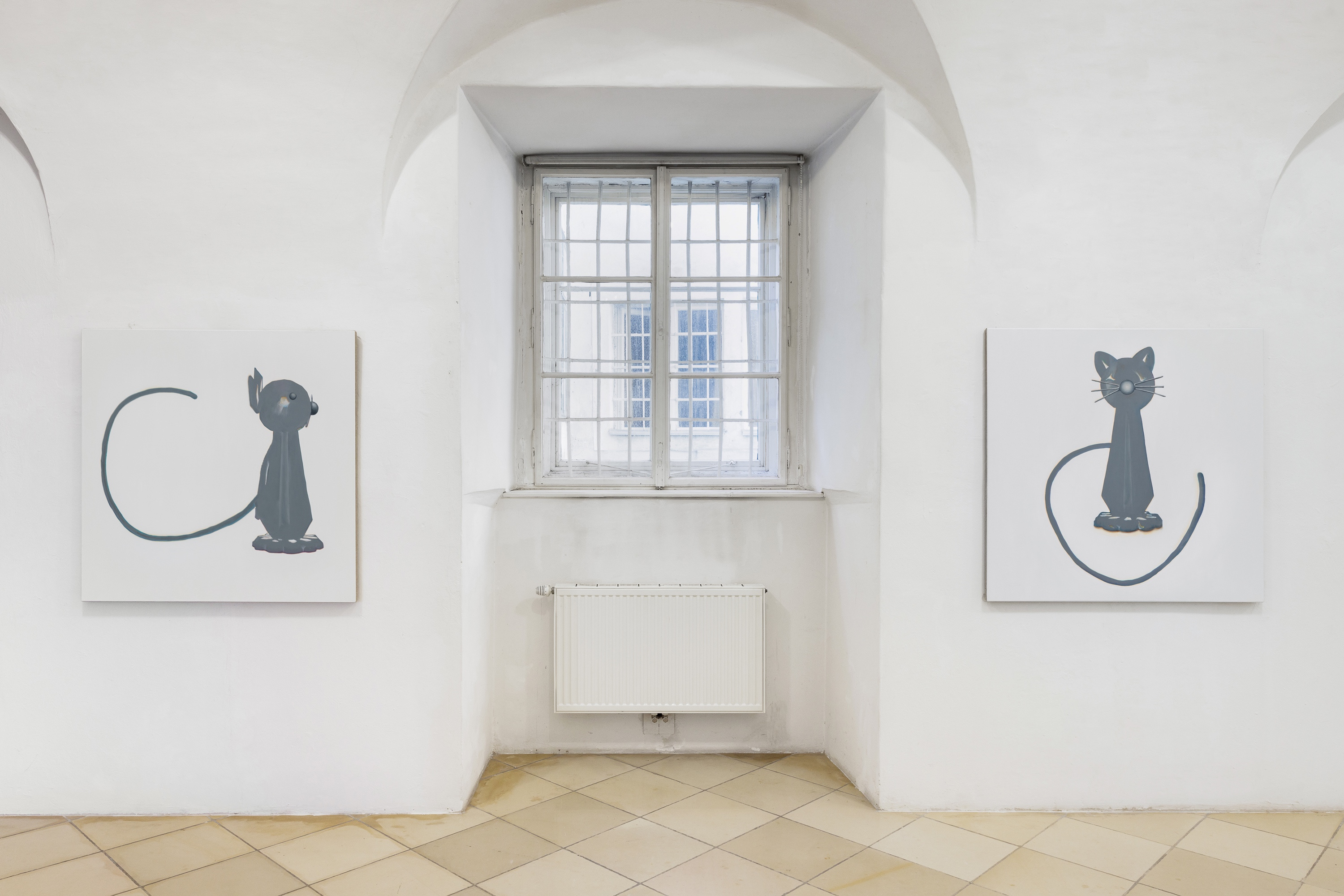 Demian Kern, To be titled (Katze 2), To be titled (Katze 1), 2022, Installation view Capture Captures, curated by Lucie Pia, UniversitÃ¤tsgalerie der Angewandten im Heiligenkreuzerhof, Sala Terrena, Wien, 2022 (from left to right)
