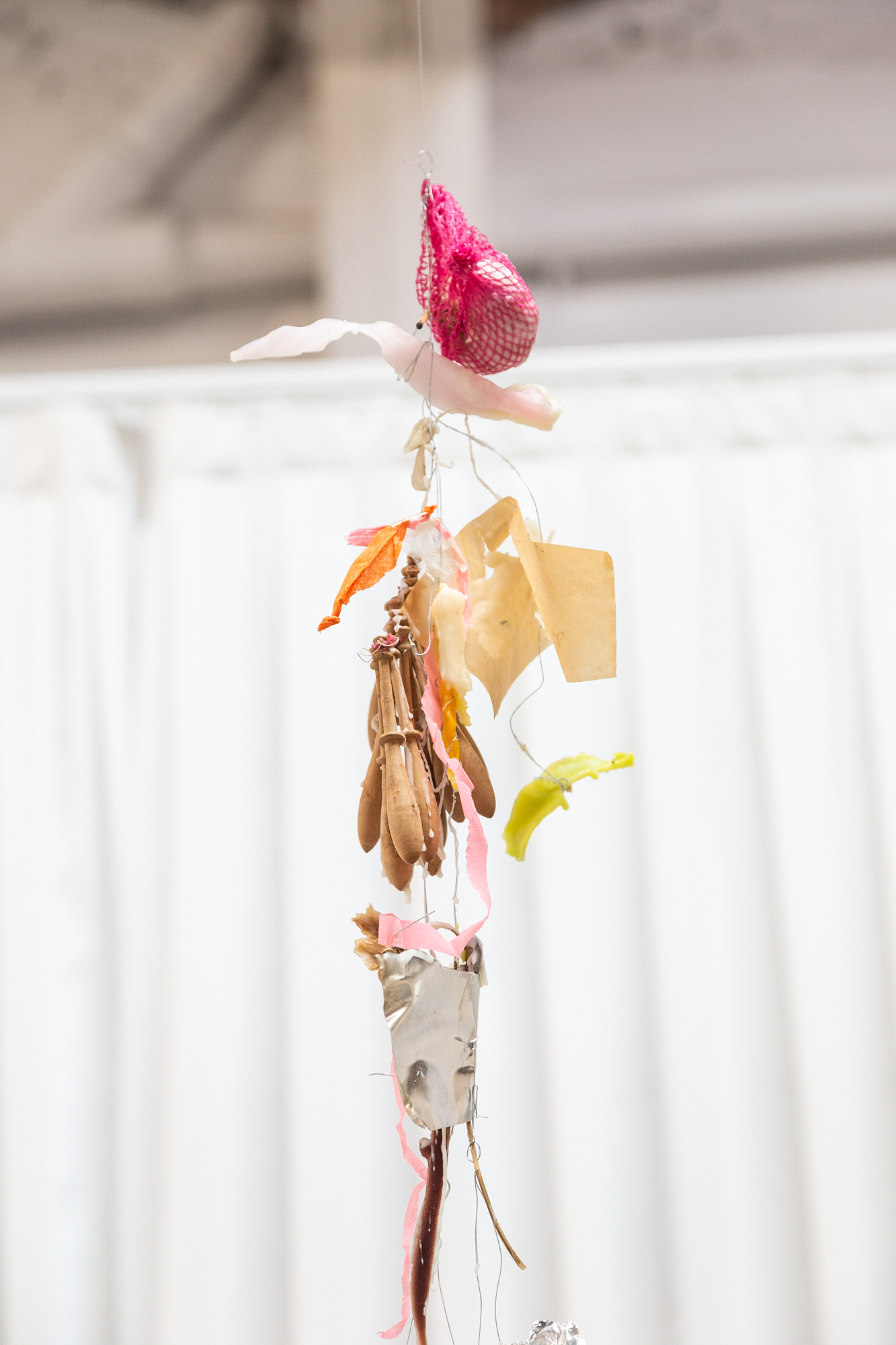 Installation View Detail, Reliquias II, Found objects, Aluminium wire, Paper and Wax, 3m high, 2022