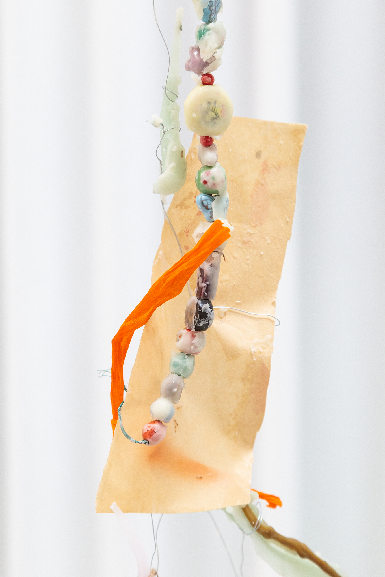 Installation View Detail, Reliquias II, Found objects, Aluminium wire, Paper and Wax, 3m high, 2022