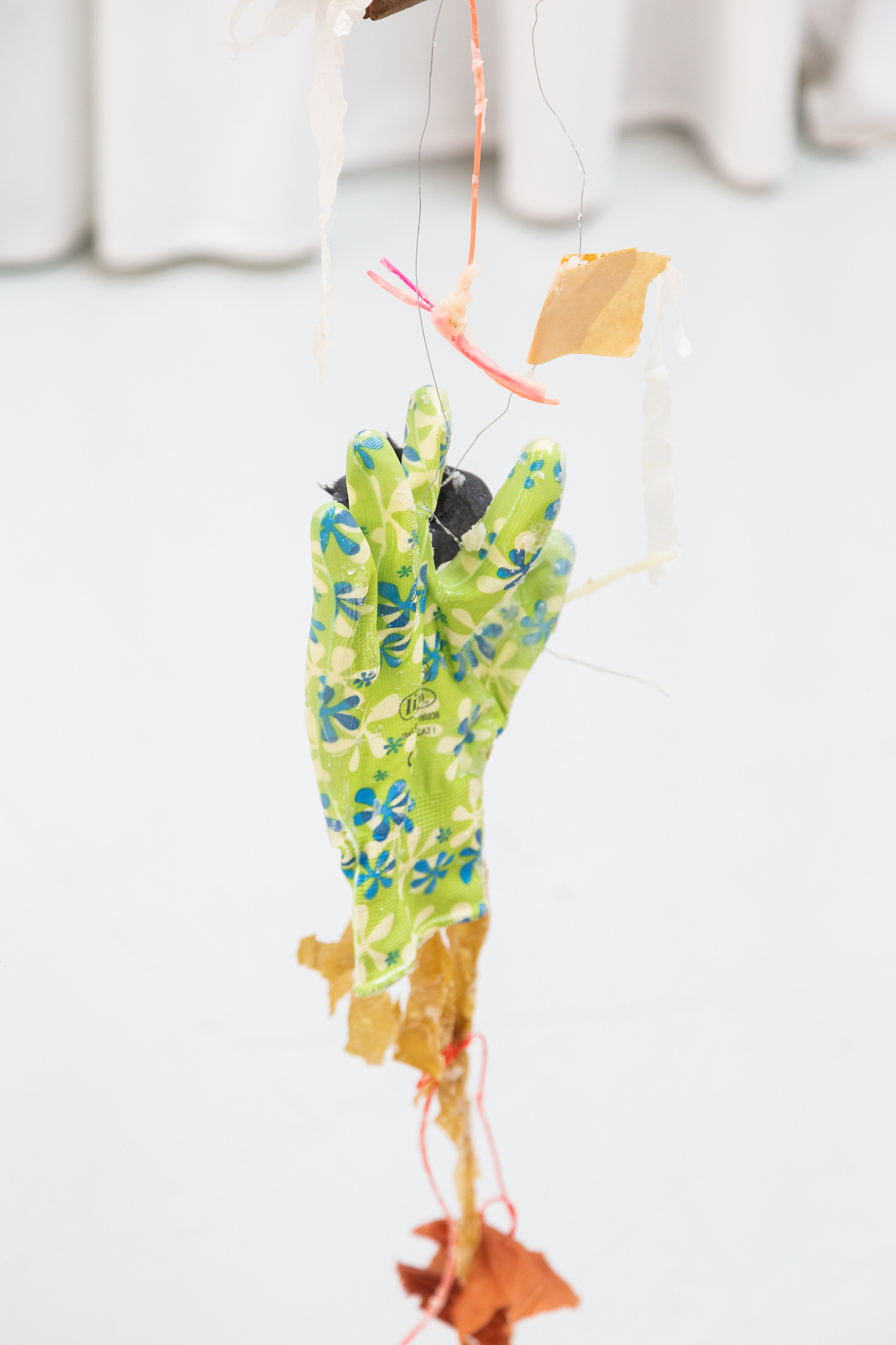 Installation View Detail, Reliquias II, Found objects, Aluminium wire, Paper and Wax, 3m high, 2022