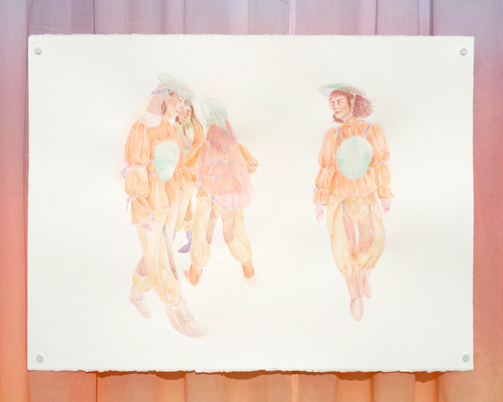 Rihab Essayh, Sorority of four, watercolour and colour pencil on paper, 56 x 76 cm (22 x 30 inches)