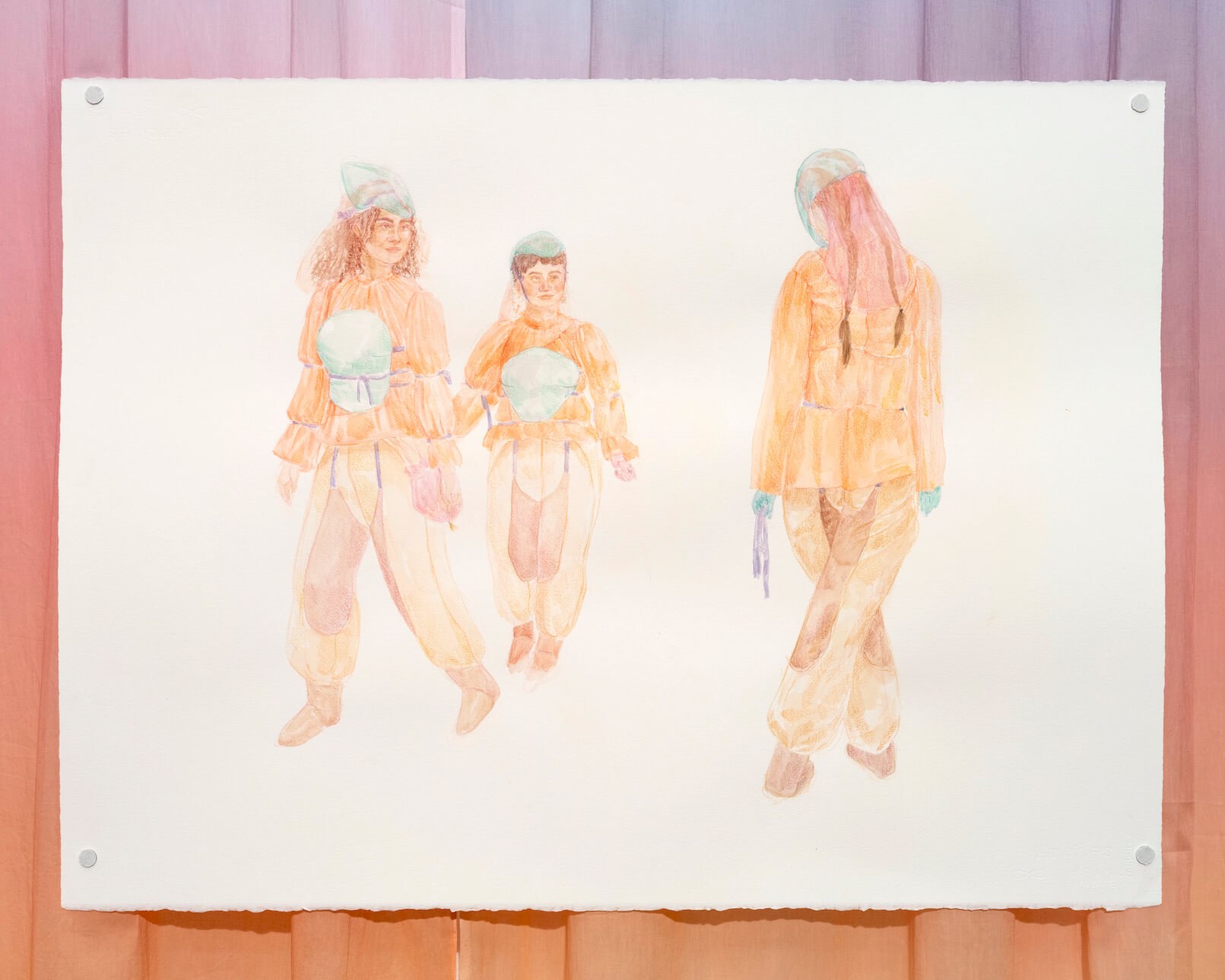 Rihab Essayh, Sorority of three, watercolour and colour pencil on paper, 56 x 76 cm (22 x 30 inches)