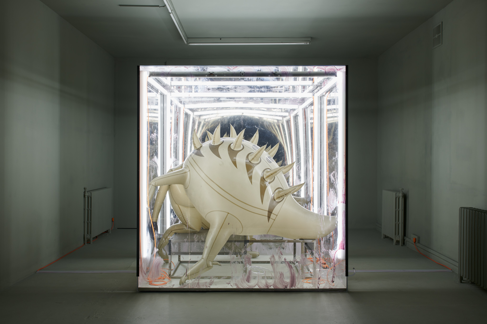 Jenkin van Zyl, Loon, 2022, Two-way mirror, windolene, latex, mild steel, LED lights, mdf, wiring, PVC breathing tube 215 Ă 201 Ă 157 cm