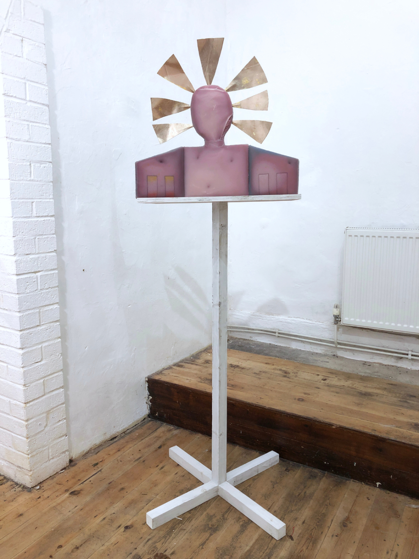 Bird Feeder 3, 2022; Silicone, aluminium, ink, card, carbon fibre rod, gold leaf Stand: Wood, lime. Dimensions Variable