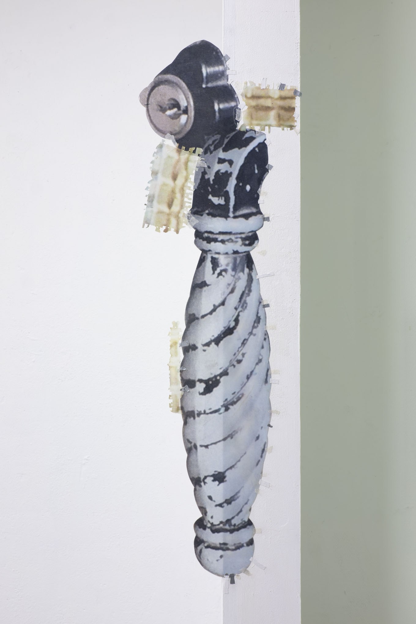 Benjamim Furtado, "Doorknob", 2022, Ink jet print, tape, pencil, wood varnish on paper, 35 x 120 cm