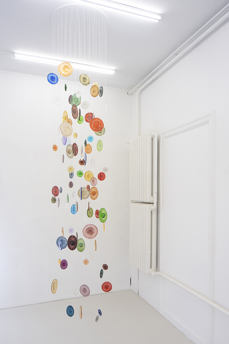 Emelie Sandström, "Take a Look to the Sky Just Before You Die", 2022 (Epoxy, silver plated brass chain, MDF, dimensions variable).