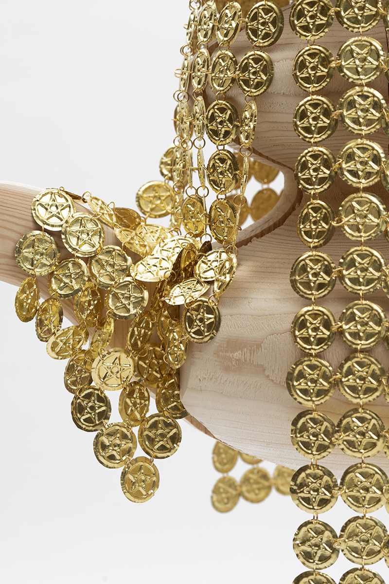 Emelie Sandström, "Keep Me Safe" (detail), 2022 (Pine, spruce, brass, 146 x 86 x 105 cm).