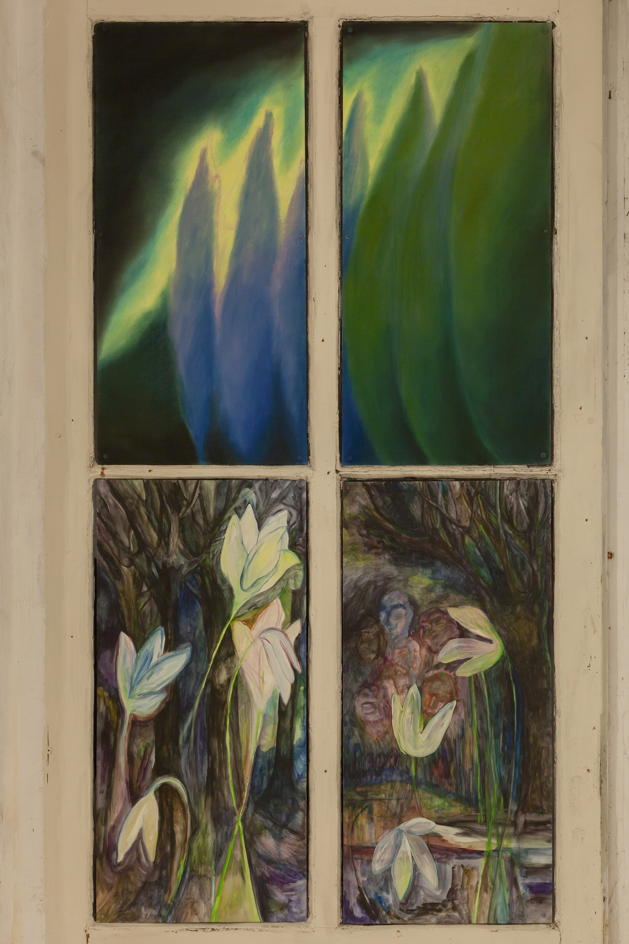 Jacent, Cyprès, 2022, soft pastel on paper 38 x 80 cm (each part), unique & Fleurs de nuit, 2022, watercolor on paper, 38 x 80 cm (each part), unique.