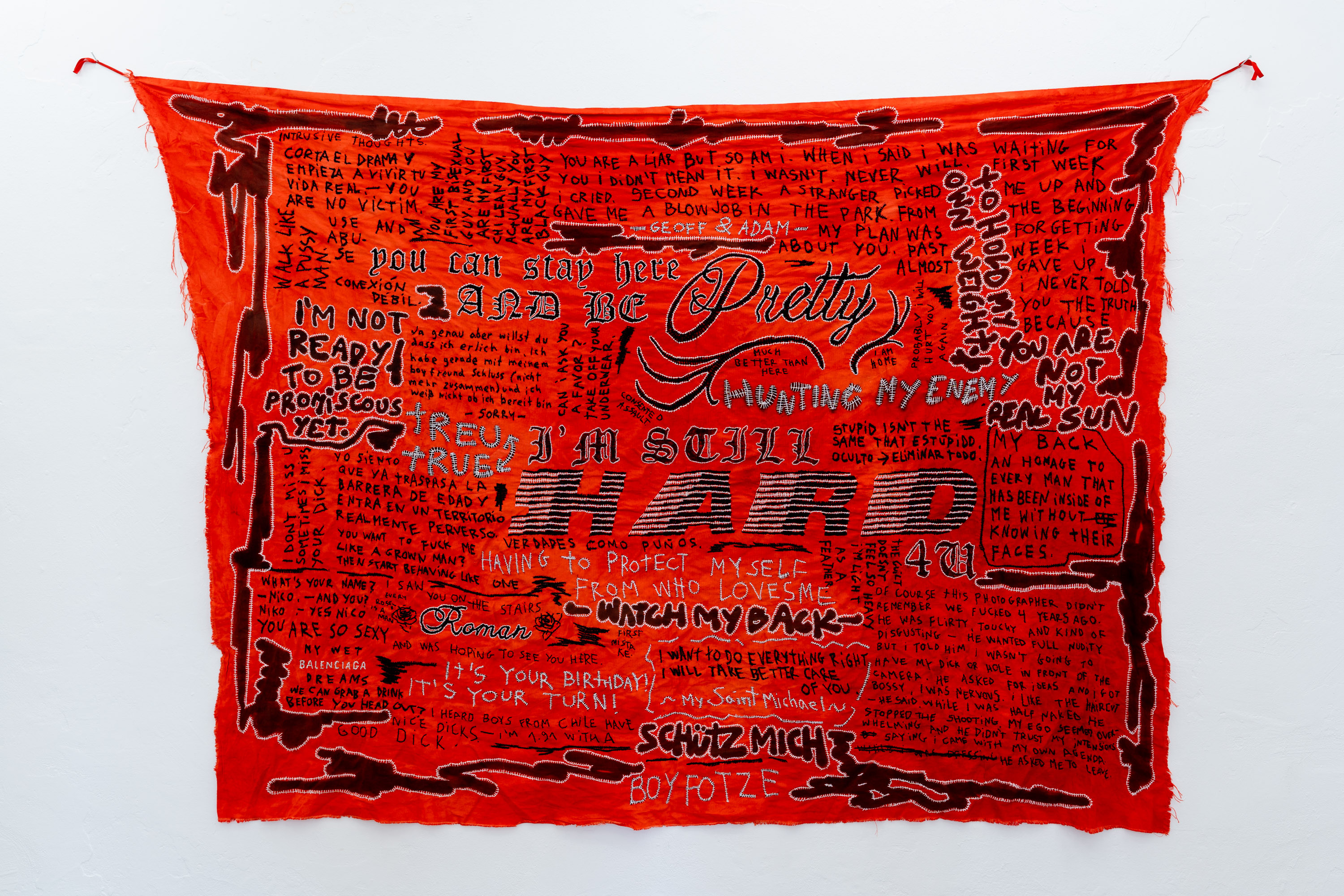 YOU CAN STAY HERE AND BE PRETTY, embroidery and spray painting on hand dyed cotton, 300 x 200 cm, 2020.
