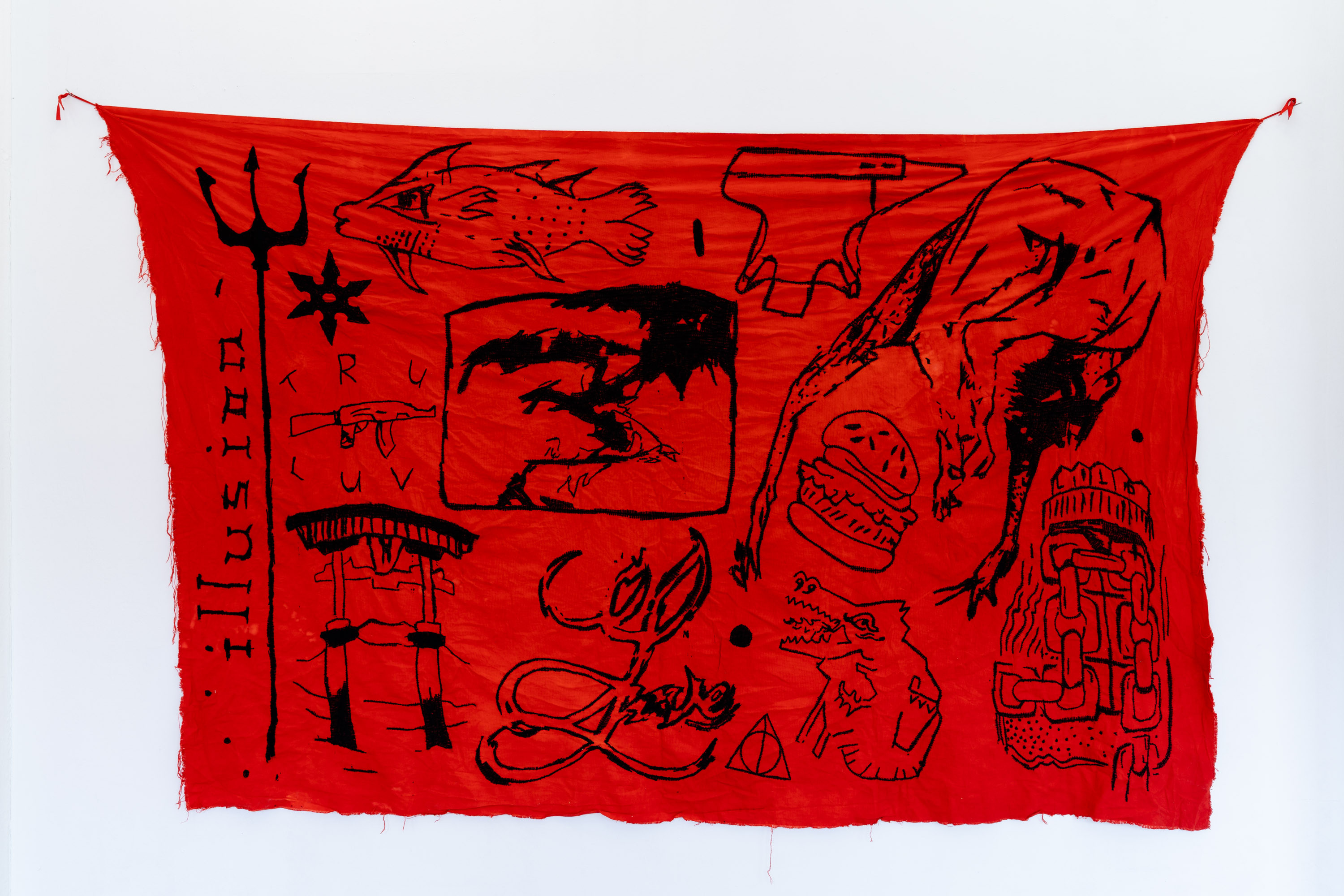 MY HUSBAND’S TATOOS, embroidery on hand dyed cotton, 300 x 200 cm, 2020. 