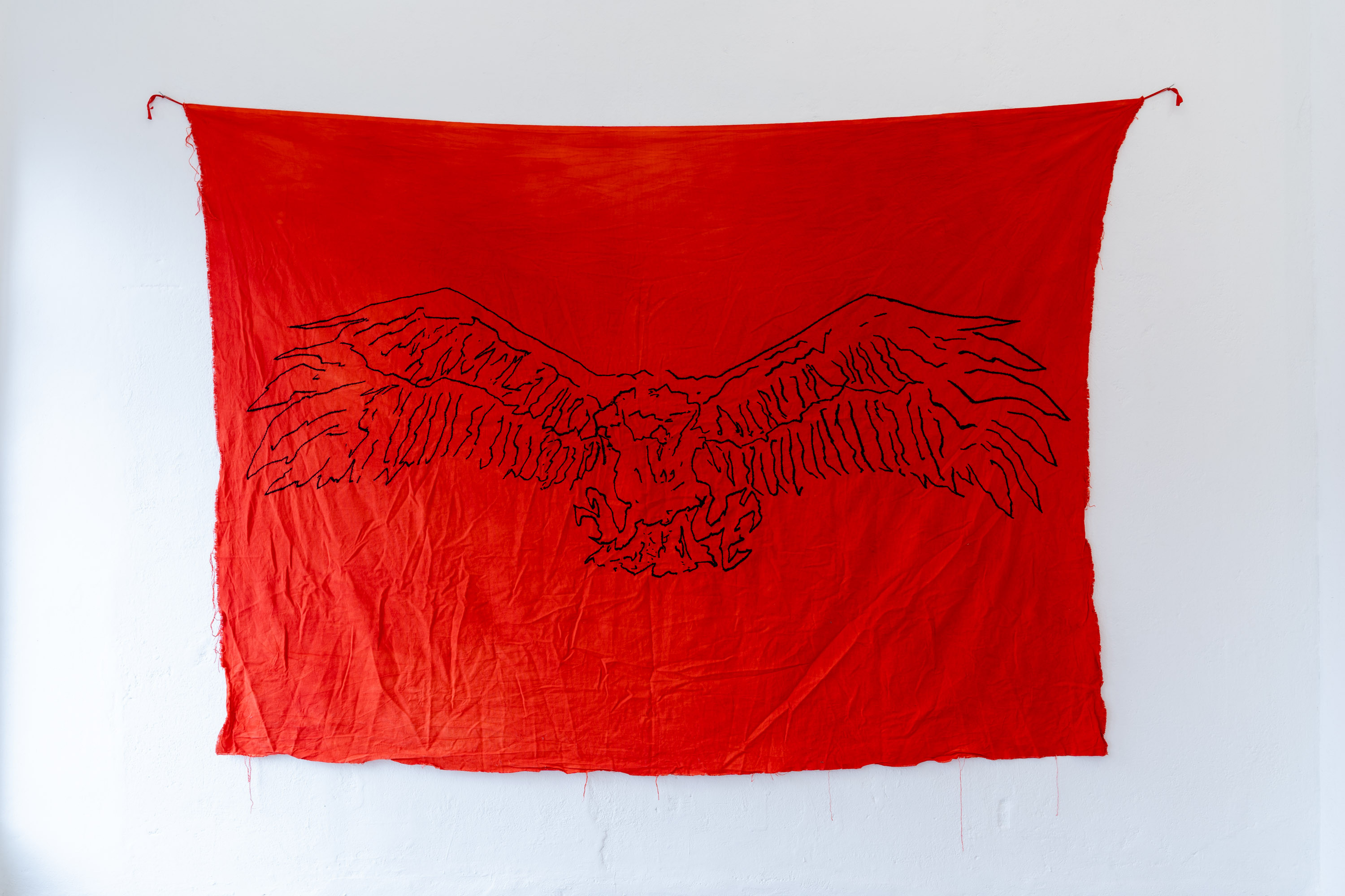 ALL I REMEMBER IS THE TATOO ON HIS BACK, embroidery on hand dyed cotton, 300 x 200 cm, 2019. 