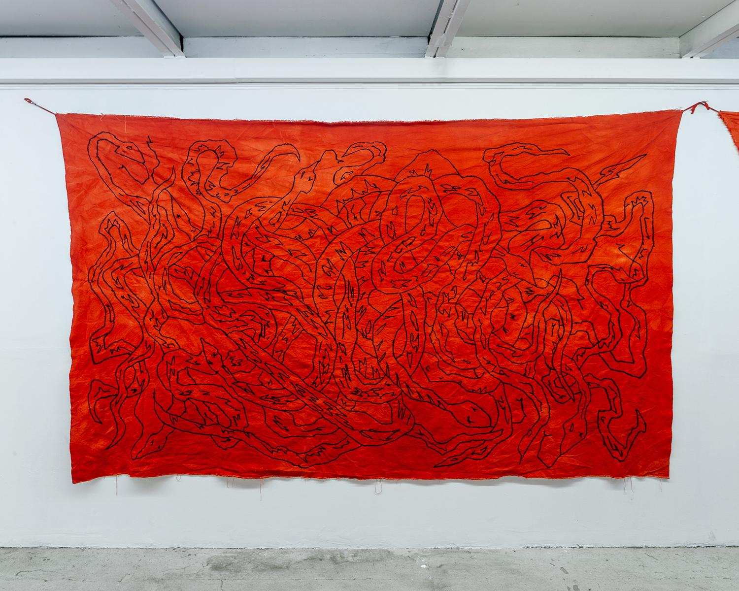 MY SHADOW TO YOUR FEET, embroidery on hand dyed cotton, 300 x 200 cm, 2021. 