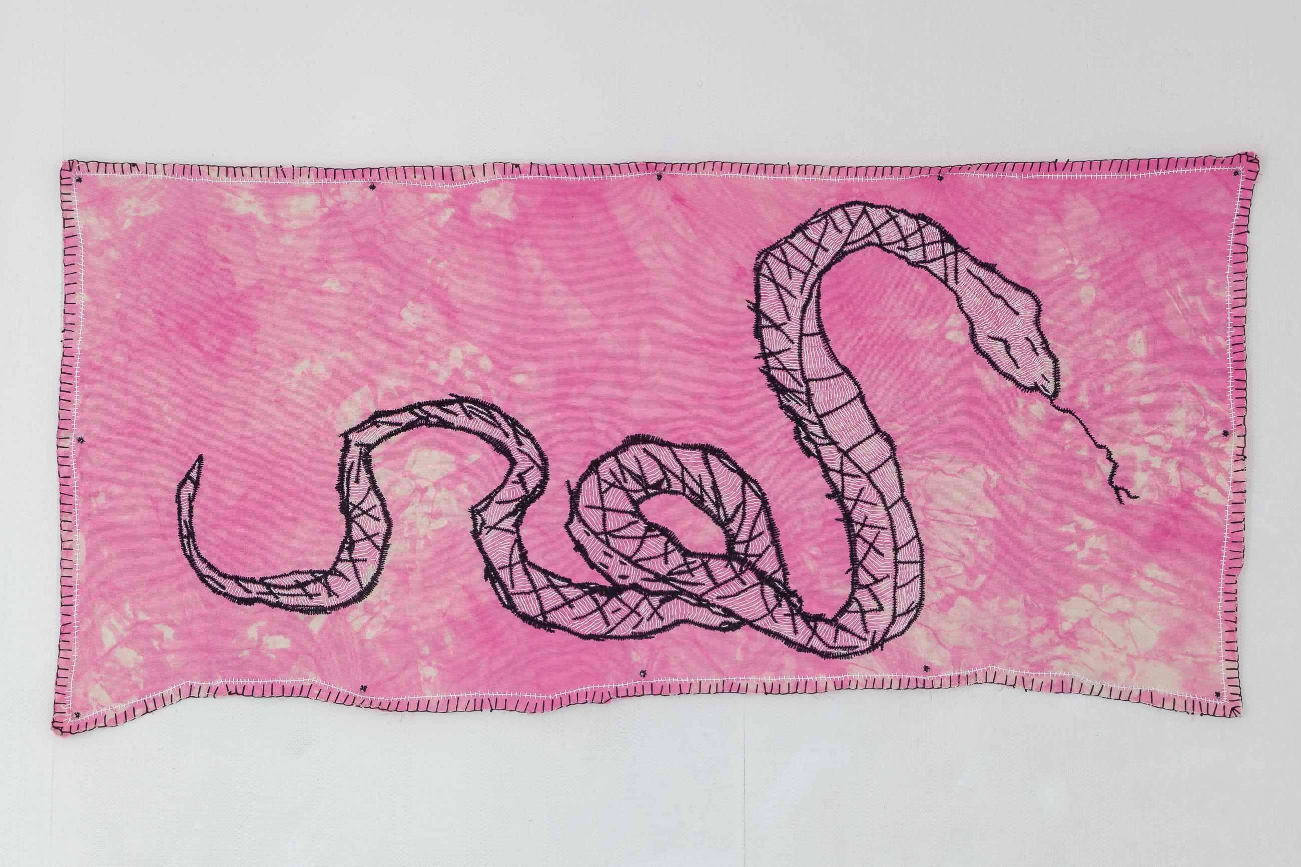 SNAKE, embroidery on hand dyed cotton, 75 x 155 cm, 2021. 