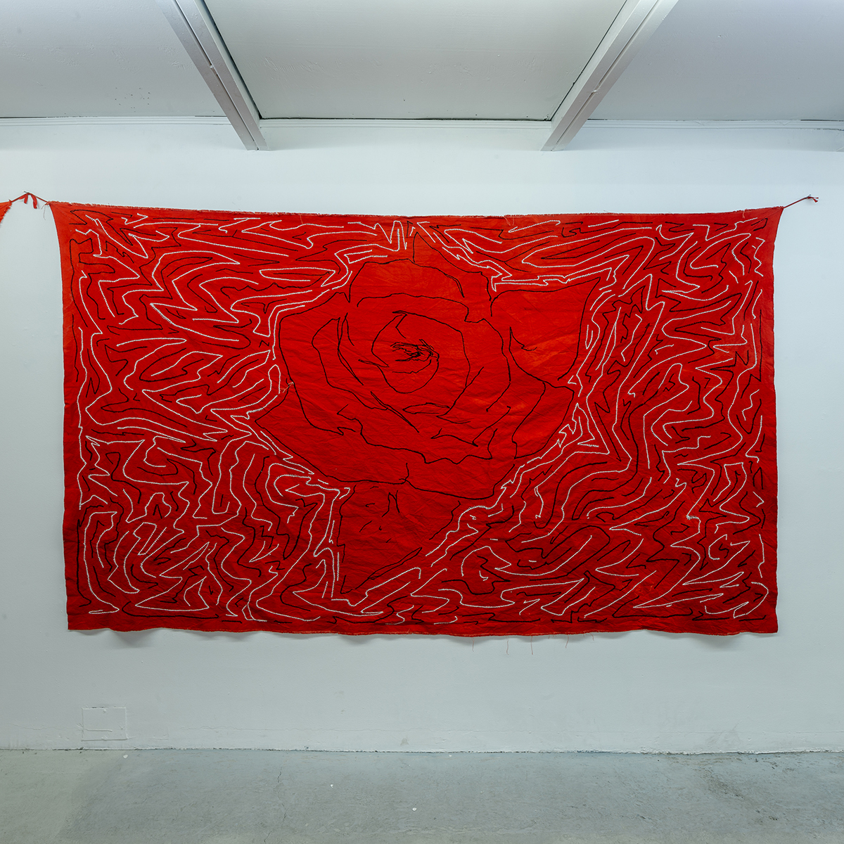 A ROSE IS A MAN IS A ROSE, embroidery on hand dyed cotton, 300 x 200 cm, 2021. 