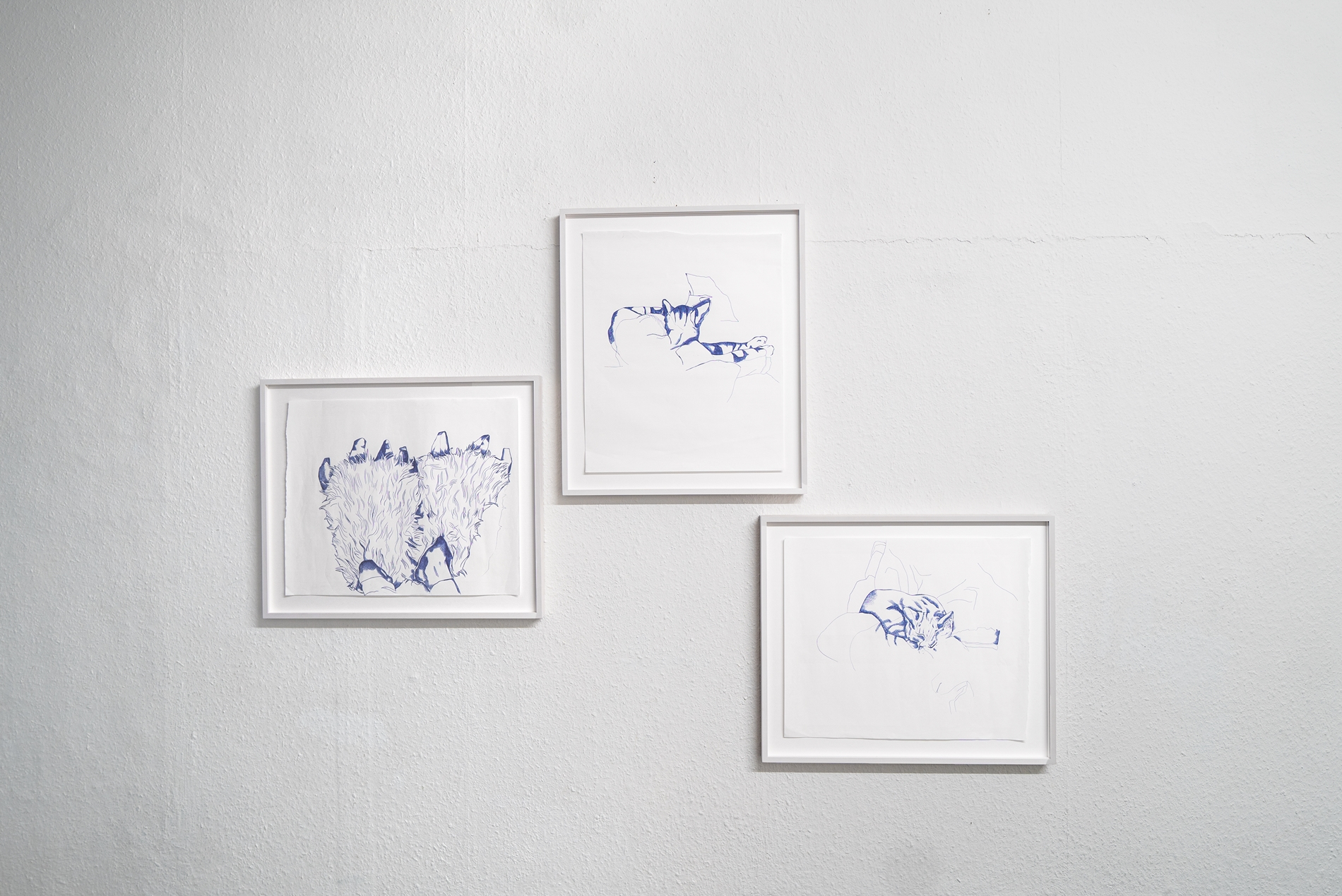 Keren Cytter, Slippers, 2020, Blue pen on paper, 35 x 43 cm; Prickly Position 2, 2020, Blue pen on paper, 43 x 35 cm; Prickly Position 1, 2020, Blue pen on paper, 35 x 43 cm (from left to right)  © the artist and Nagel Draxler photo: Julia Woll